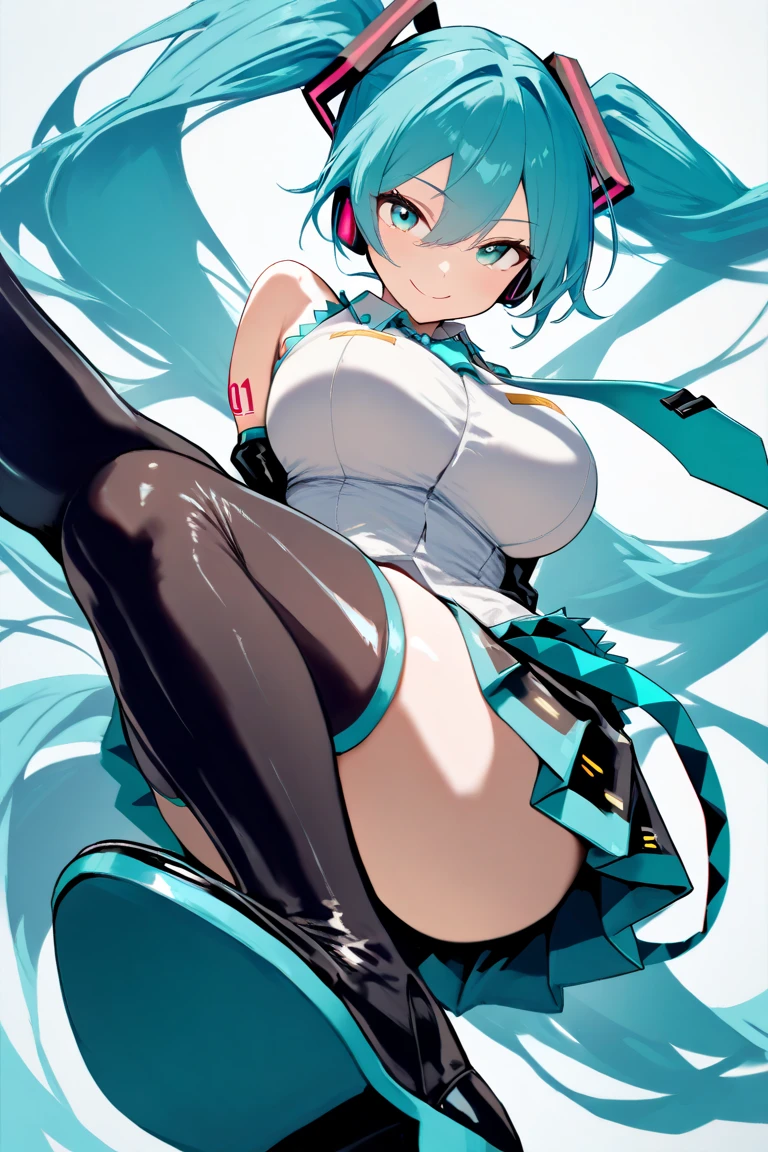 Young Hatsune Miku、skirt、Photographing a subject from below、Low - Angle、Spread your legs、Pussy、Dripping a lot of thick white love juice、squat、Big Breasts、Striped panties