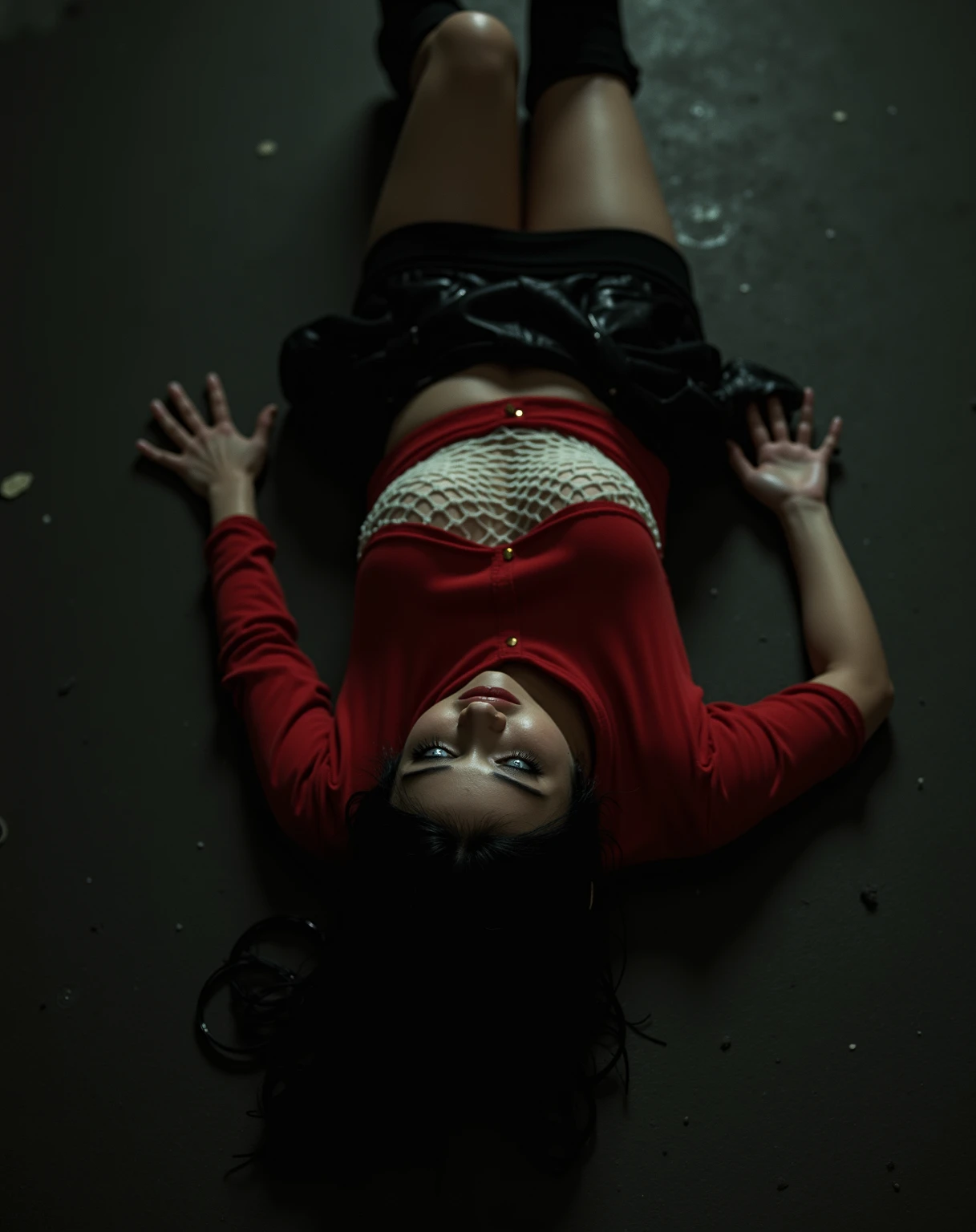 (Exquisite style, high quality, real life photography, 8K), panoramic view, in the dark dungeon, there is a pregnant French woman lying on the ground with her hands honeyed with blood, the Floor and her belly are smeared with blood, her face is covered in sperm, her clothes are disheveled, her left chest and thigh are exposed, and her face is written Full of fear and helplessness,  messy hair mixed with restlessness and hesitation, The whole picture is full of oppression, which makes people feel heavy.