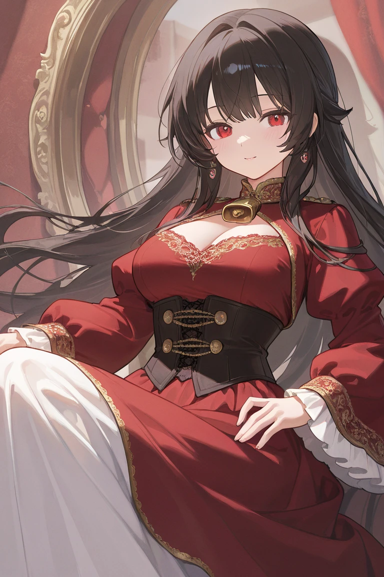 girl, red eyes, long curry wavy black hair. wear green black uniform, arrogant, independent woman, kind smile. background in luxury mansion. she is noble
