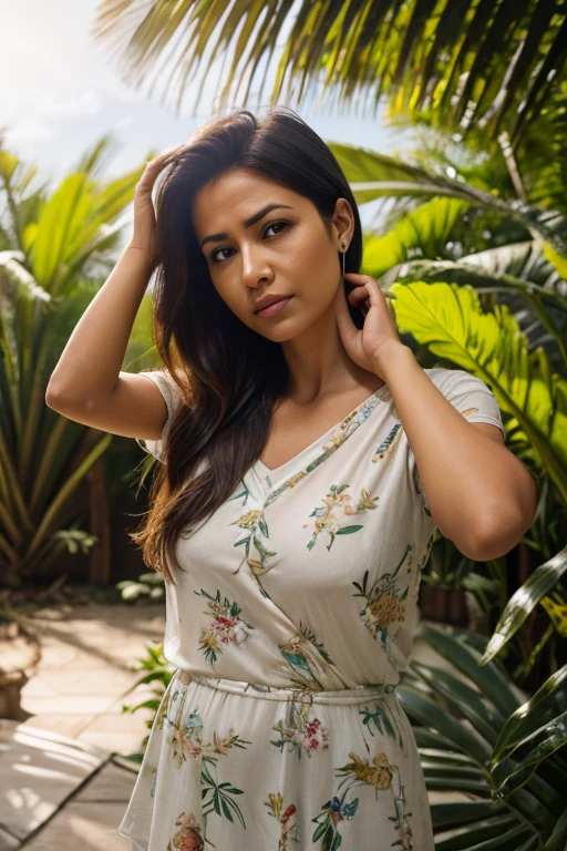 girl in the forest, (best quality, 4K, High definition, masterpiece: 1.2), ultra-detailed, (realistic: 1.37), illustration, beautiful detailed face, pink lips, in a flowing dress, standing in the beam sunlight surrounded by trees and flowers, Calm and peaceful atmosphere, soft and warm color palette, Magical lighting effects, cute yet sexy 26 year old indian woman with wavy brown hair, detailed eyes, luscious lips, Her dark brown skin glows with a natural warmth, adding to her allure, best ratio, Beautiful Skin, Attractive, small-medium breast