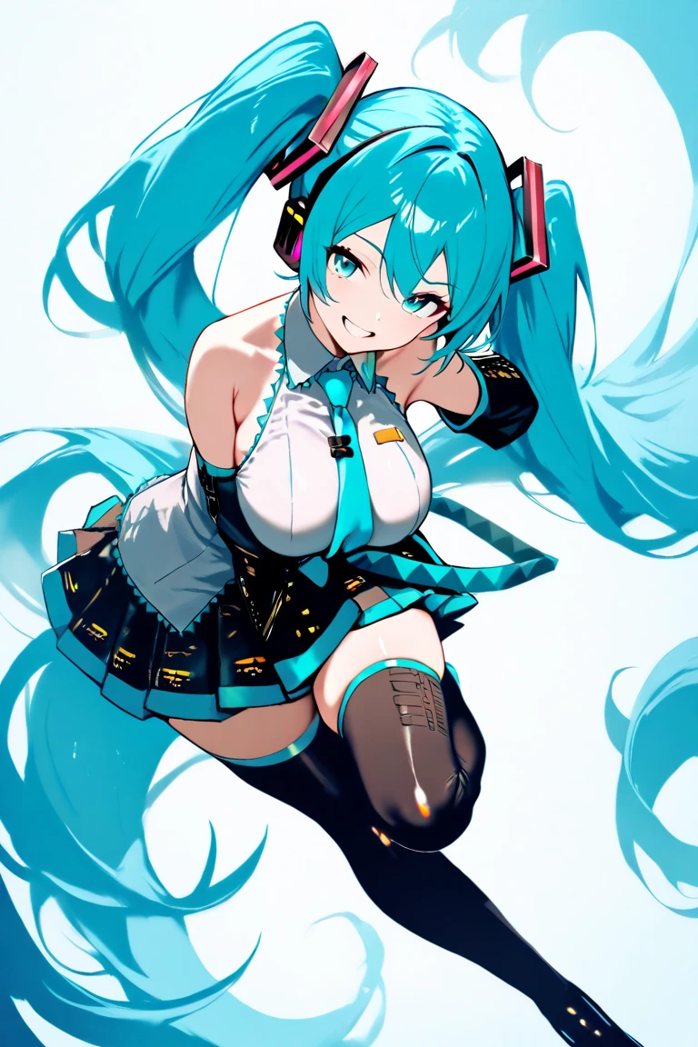 (((best quality, masterpiece, high resolution, ultra-detailed, 4K, 8K))), 1 girl, ((hatune miku)), (18 years old, cute girl, pretty girl), BREAK (teal twintalls, teal hair), (white blouse with blue edges, white no-sleeve, sleeveless, black independent sleeves and armcover), blue necktie, (black micro mini skirt, skirt hem blue), ((fully exposed panties, blue ribbed stripes panties)) (black knee high socks and shoes, black thighhighs), BREAK (thin waist, small hips), (((gigantic breasts, swaying chest, thic thighs:1.2))), light smile, ((blush, :p, long tongue)), full body, standing, (Skirt flutters, Skirt lifted)