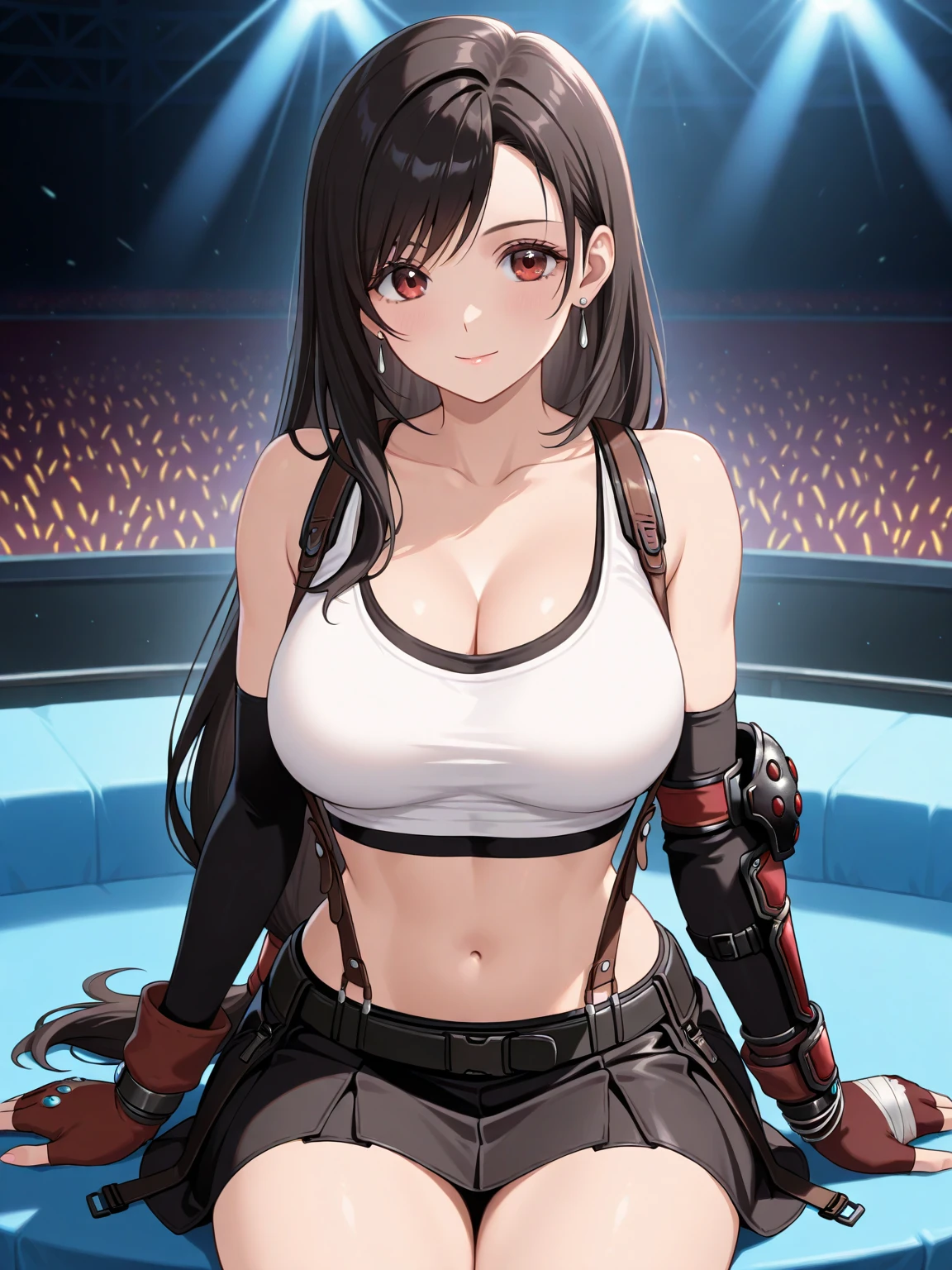 on a (cabaret stage), stage, scared, angry look, clenched teeth, sweat, kneeling, angry look, arms shackled, hands behind back, tifa lockhart, blindfold