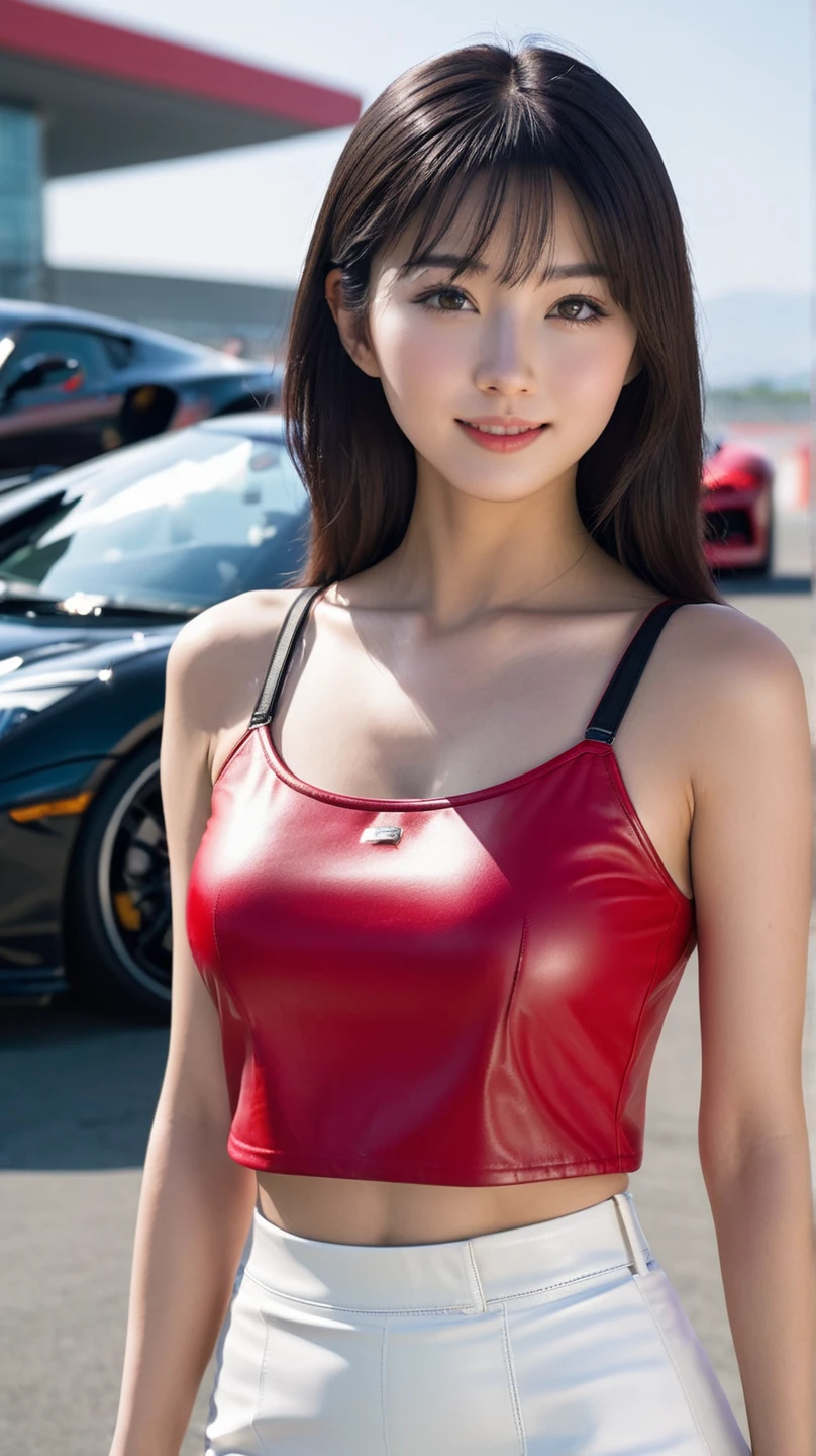 masutepiece、top-quality、Top image quality、8K、Professional Photographer、Professional lighting staff、Professional makeup staff、japanes、Top、Beautuful Women、Glamorous、Colossal tits、Semi-long hair with black hair、Red leotard on bare skin、highleg、fishnet tights、high-heels、Katyusha、(Model posing sexily in front of show car on gorgeously lit stage at motor show)、