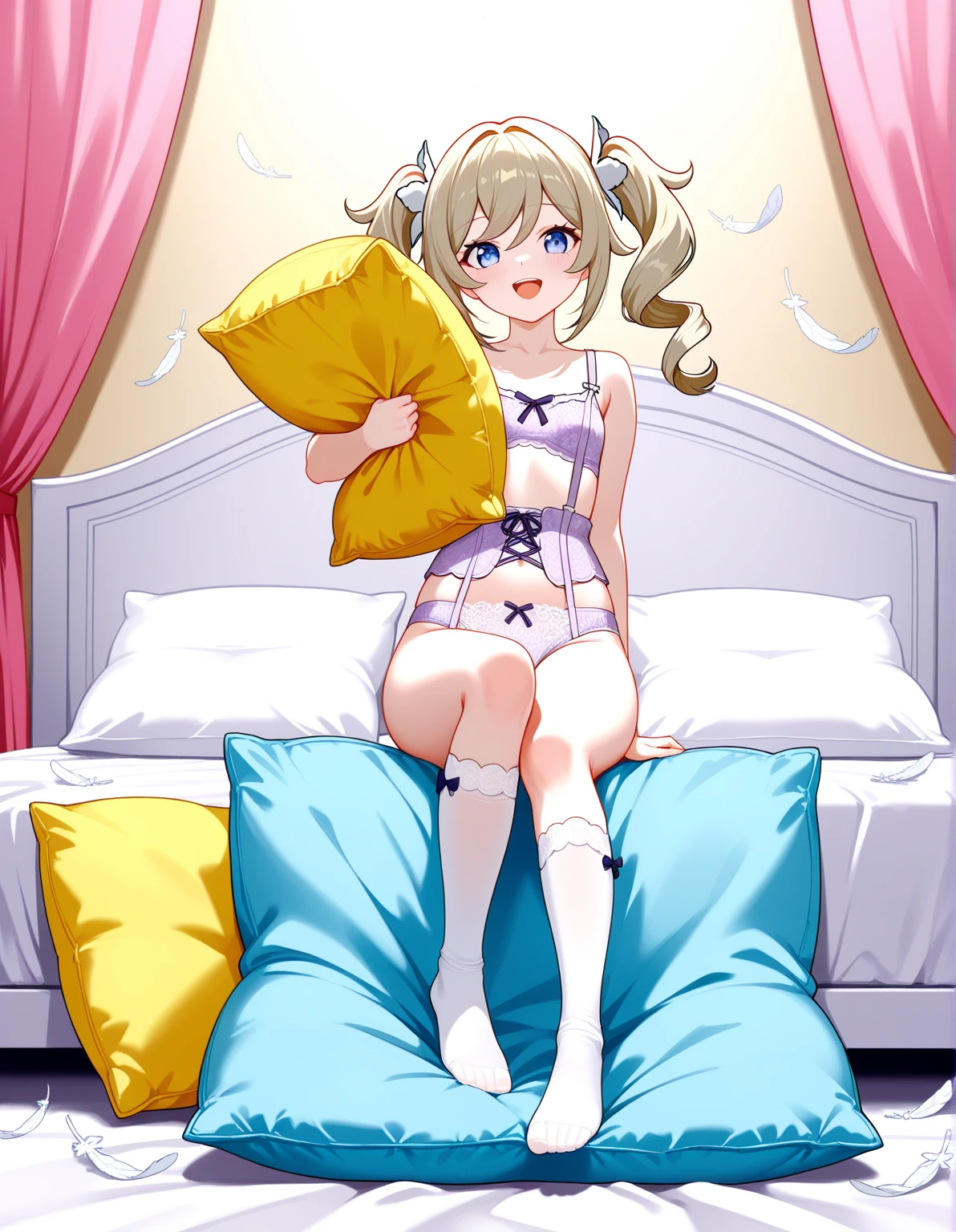 (masterpiece), highest quality, High resolution, very detailed, detailed background, perfect lighting, indoor, 1 girl, small, looking at the viewer, , Maid clothes, carrying a pink school bag backpack, (Randoseru Backpack:1.0),lower body tightening， simple background, Perfect for your skin, cute expression ，table top,(highest quality,(shiny skin),Realistic，please lie down on the bed，feet apart，spread her legs，big breast figure，put your hand next to your face，near，smiling face，white sheer lace bikini，fluoro areola，white transparent fabric，blonde hair，Bloon Eyes，face turns red
