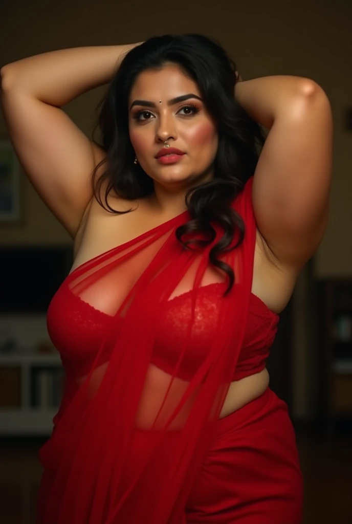 A married beautiful indian sunny leone
,plus size,milk white skin,curly dark hair,rose in her mouth,her body is wet,she is dancing on a marriage stage,wearing red bridal head scurf,her hands upward seductively,wearing a deep red short blouse and a red short petticoat, wearing ornaments,background in a rich indian marriage at night
blissful and seductive environment