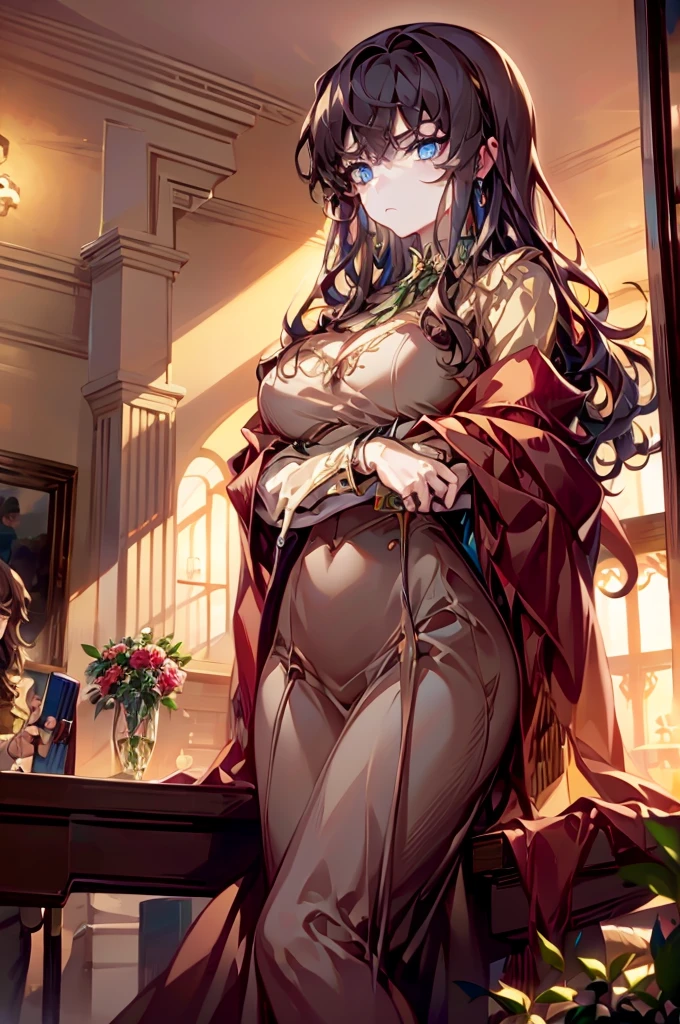 In an ancient, grand library filled with towering bookshelves, a stunning woman is immersed in a world of knowledge. She wears a fitted, vintage-inspired dress in deep burgundy, with lace detailing along the sleeves and neckline, accentuating her sophisticated yet alluring appearance. Her auburn hair is styled in soft waves, and she has a pair of stylish, round glasses perched on her nose. Her ice-blue eyes are focused on an ancient tome she holds delicately in one hand, while the other hand rests on a polished oak table. The warm glow from an antique chandelier above casts a golden hue on her skin and the dusty, leather-bound books around her.