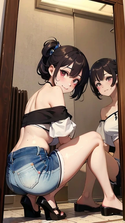 ((masterpiece, best quality, ultra quality, high quality, hyper detailed, intricate detailed, perfect anatomy, shiny skin)), ((upper body:1.2)), (three women are posing for a camera:1.4), (indoors, bed, pillow:1.2), (Lift up your camisole), (full nude:1.4), (smile, shy, red cheek, blush:1.2), (Open your mouth:1.6), (Stand in line) , brown hair, blond hair, navel, jewelry, looking at viewer, necklace, long hair, short hair, Abdominal muscles, straight hair, bob cut, blunt bangs, silky hair, hair clip, hair band, hair ribbon, one-length haircut, ducktail, outward curled hair, French twist hair, twintails, side ponytail, single braid, wavy hair,