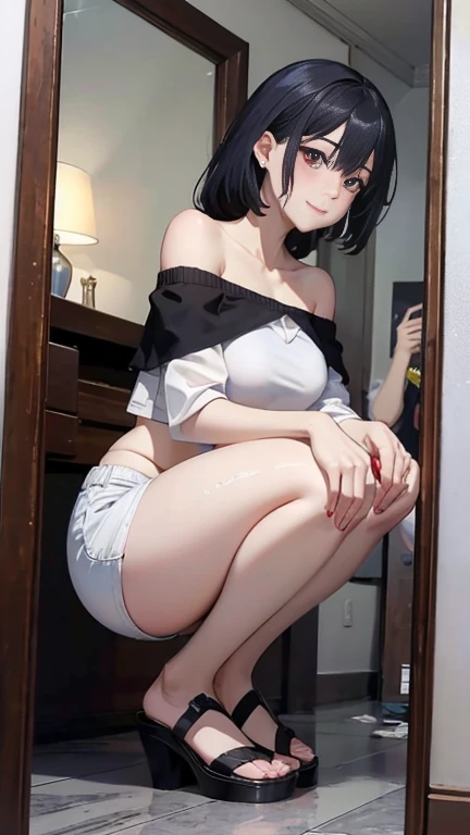 Anime, girl, black hair, short hair, praying hands, full body, pretty, petite, flat chest, high school, sitting, cute, fingertips touching, praying, thinking, smiling, blue eyes, hanging legs, standing, without clothes, nsfw, breasts, areolas, groin, crotch,