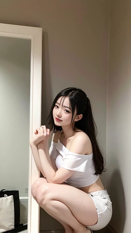 (On a table, Best quality at best, realistically, ultra - detailed, meticuloso, A high resolution, 8k wallpaper), Close-up portrait of a beautiful woman, Chariada, Smiling, light brown messy hair, Perfect dynamic composition, 美丽meticuloso的眼睛, Just like the cover of a fashion magazine, On campus