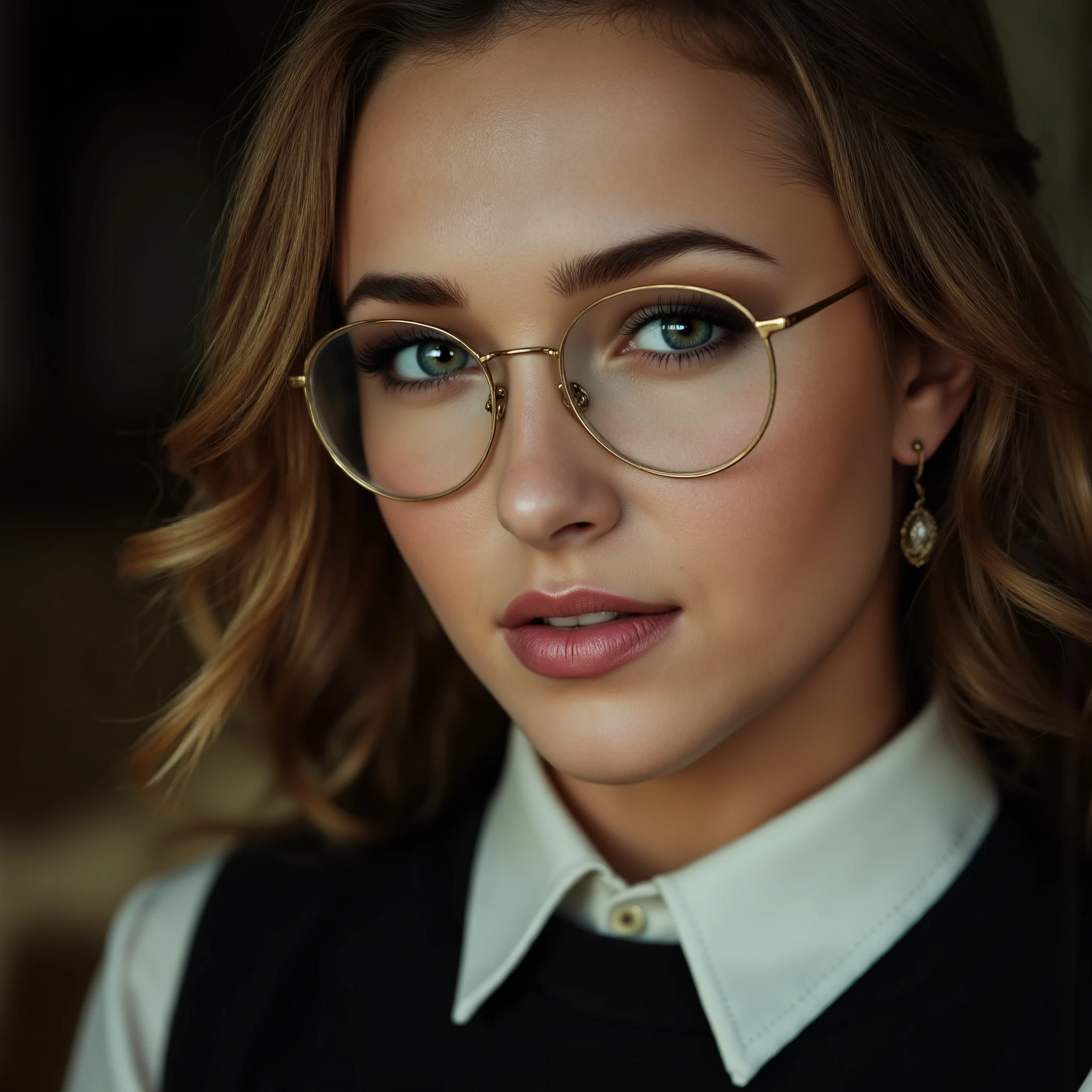 arafed woman wearing a collared satin blouse under a crewneck sweater, warm smile, gorgeous eyes, glasses