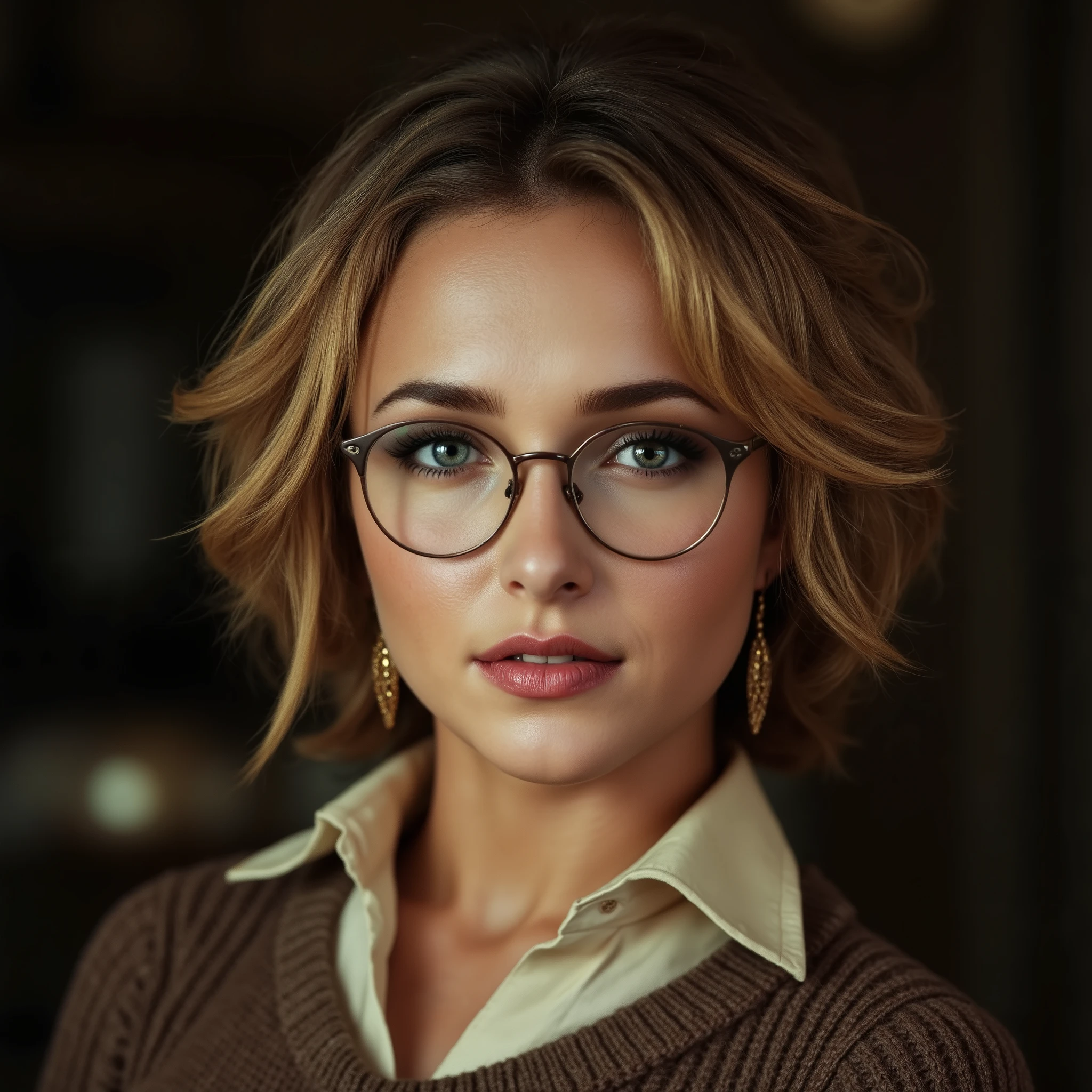 arafed woman wearing a collared satin blouse under a crewneck sweater, warm smile, gorgeous eyes, glasses