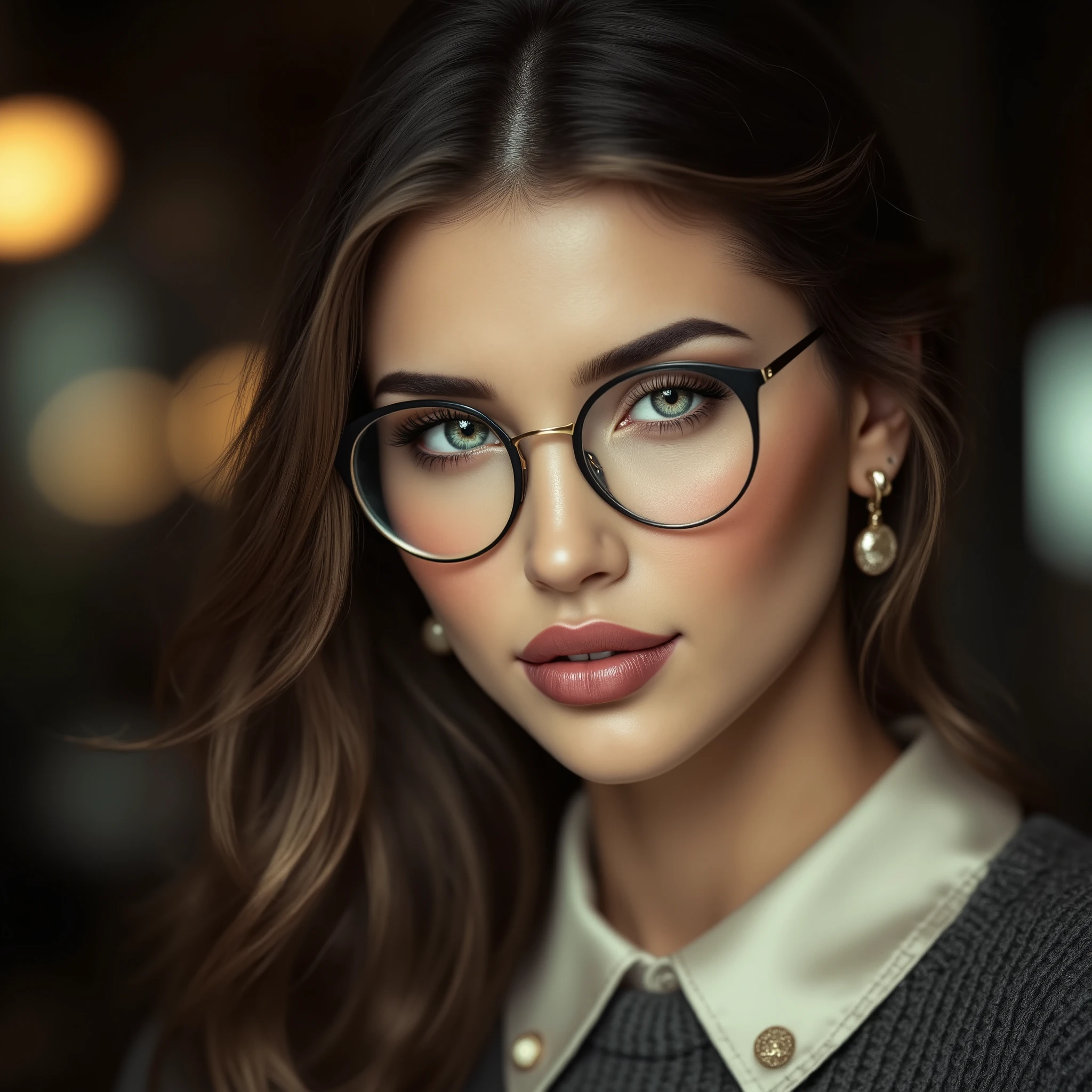arafed woman wearing a collared satin blouse under a crewneck sweater, warm smile, gorgeous eyes, glasses