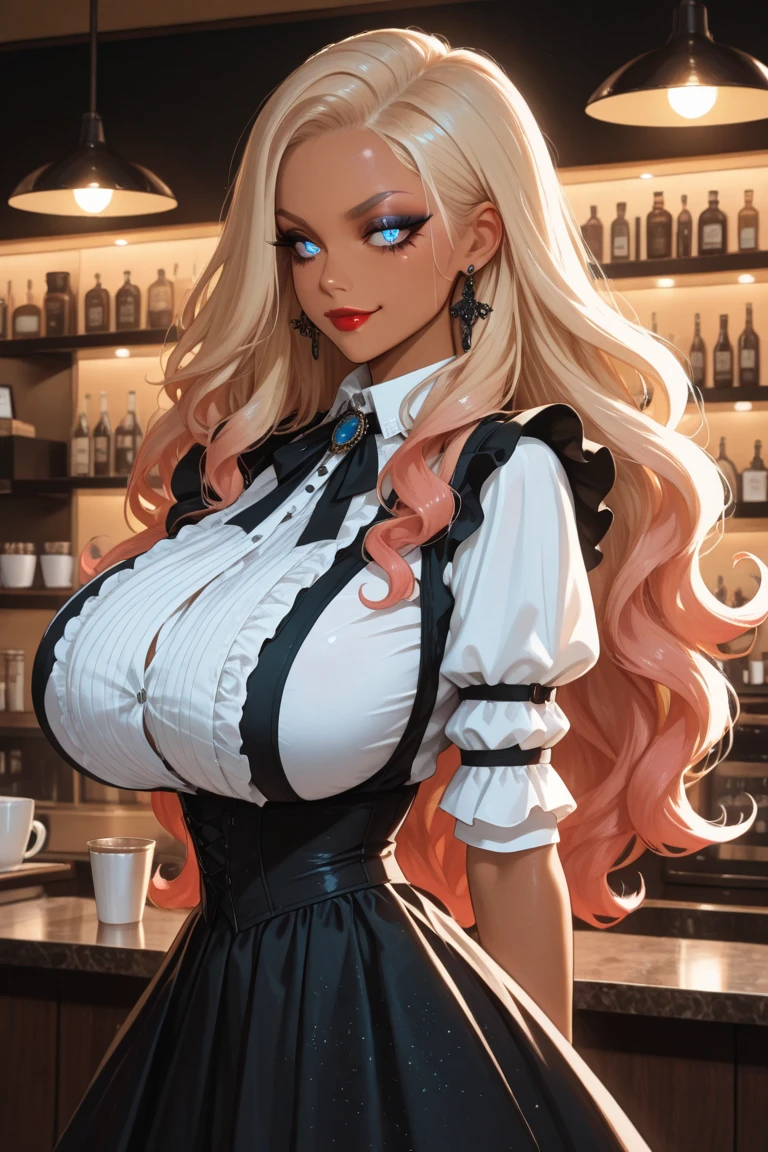 Highest Quality, ​masterpiece, beautifully detailed eyes, (dark skin), short Blonde Hair, Gradient Hair, pink highlights in hair, large breasts, sitting, makeup, glossy lips, full lips, in a bar, in a club, light smile, blush, (view from side), corset, thigh highs, choker