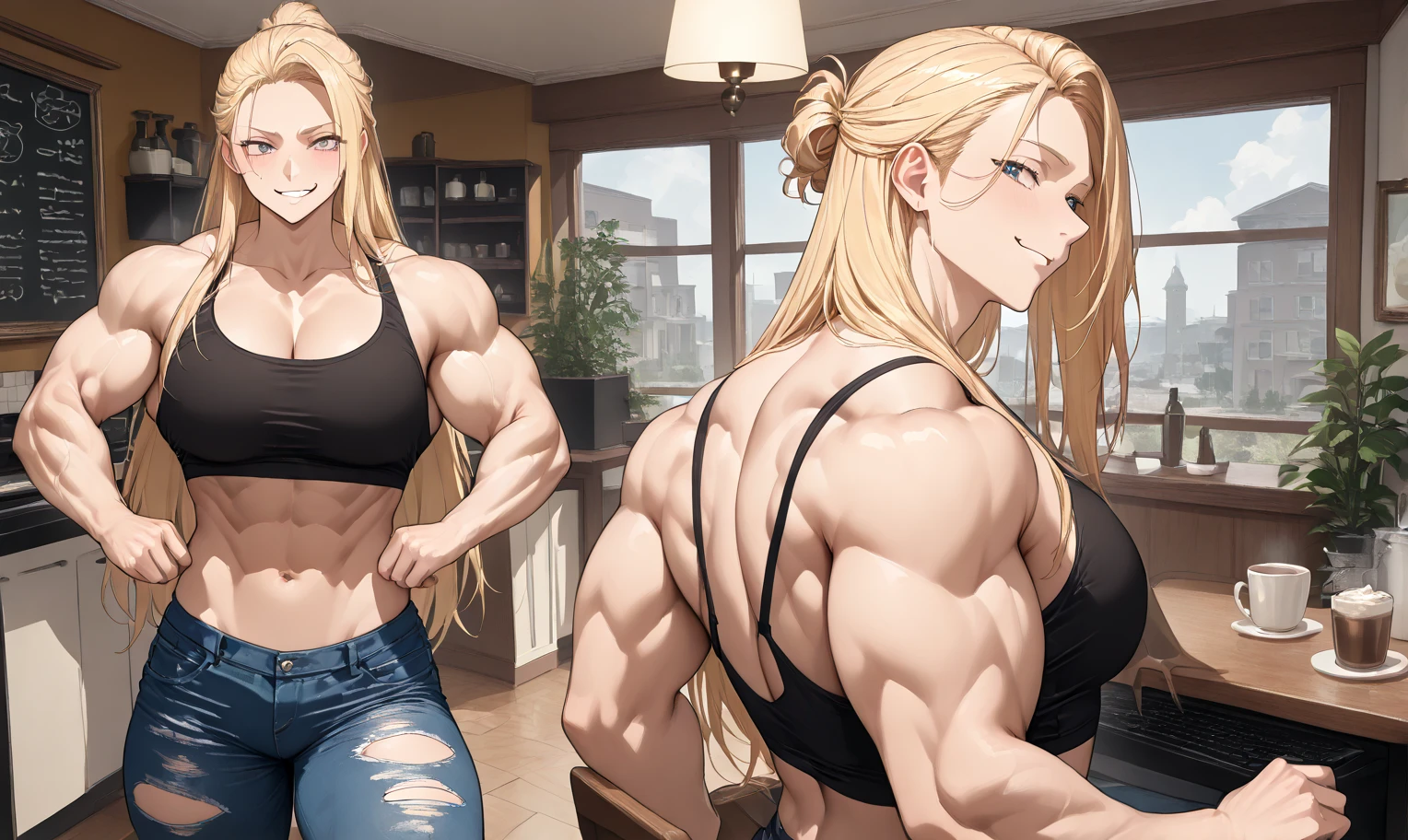 Very detailed、Highest quality、Best image quality、masterpiece、8k、(shoulder-length blonde hair、Medium Long Hair)、(smile) 、(Hilarious)、(puppet)、(Big eyes)、(Beautiful and shining eyes)、(Detailed anime eyes)、(Puffy eyes)、(Big Breasts:1.3)、(((Rear View)))、Cowboy Shot、(Thong、カルバンクラインThong)、(女性がThongを履いてお尻を視聴者に向けて立っている.:1.5)