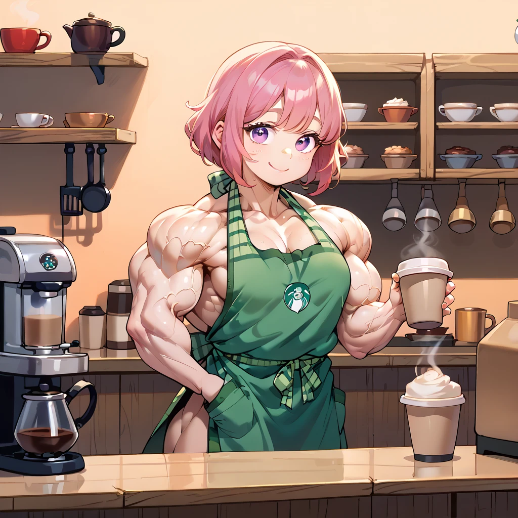 Perfect CG unity 8K UHD wallpaper( girl huge gigantic breasts cleavage showing bodybuilder very muscular very toned body, pale skin, long rainbow colored hair, vibrant glowing yellow eyes, long detailed eyelashes) smiling sexy seductive facial expression, blushing, thick thighs, standing in a dynamic pose, view from below, wearing tank top and shorts, in her kitchen, perfect masterpiece, best quality, best resolution