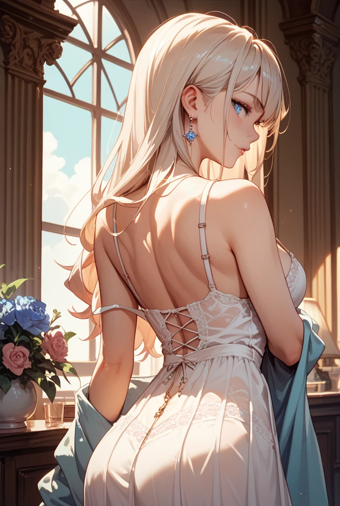 1girl, natural lighting, masterpiece, highly detailed, illustration, game CG, absurdres, high quality, beautiful detailed eyes, glossy lips, natural lighting, medium breasts, blonde hair, hair bun, long bangs, hair between eyes, arisa ayase, aahiyori, ballerina, red pantyhose, from behind, looking back at viewer, light smile