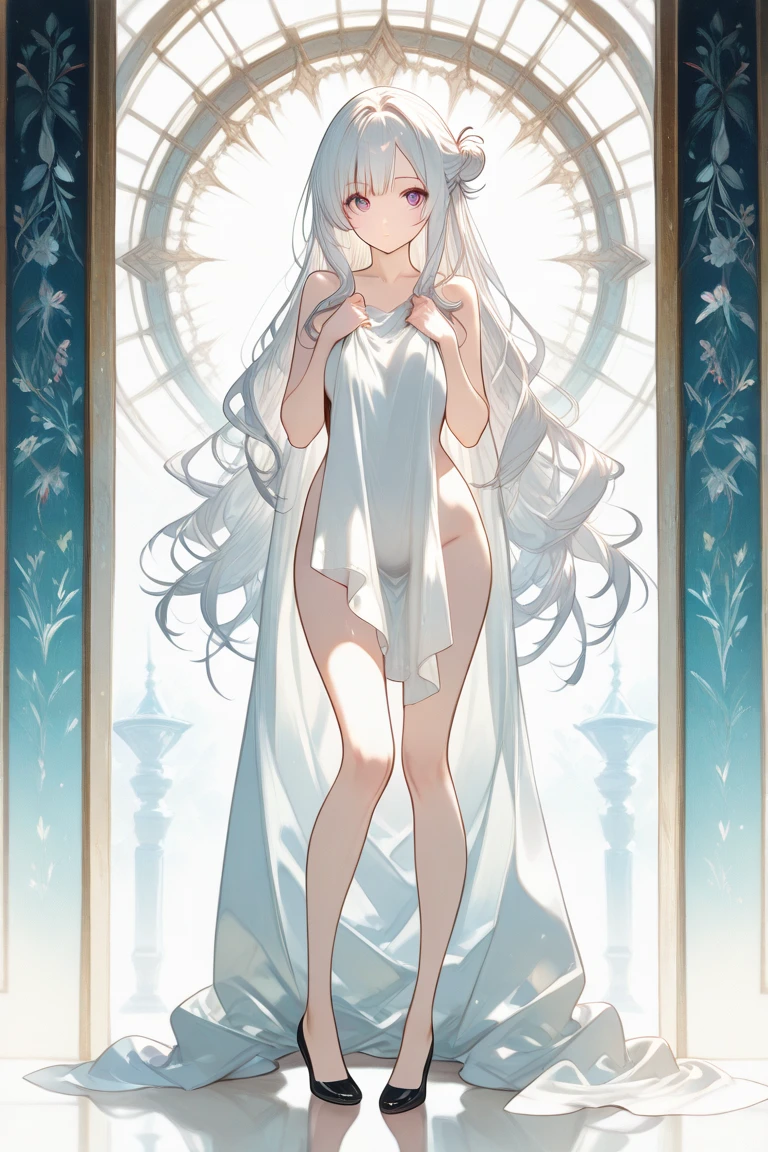 NSFW,masterpiece,Highest quality,High resolution,Very detailed,Girl,Silver Hair,long hair,Golden Eyes,Small breasts,Short height,Angel,wing,A dazzling long dress,Silk dress,gem,Decoration,Temple of the Night,Starry Sky,Ancient,Bad Smile,provoke