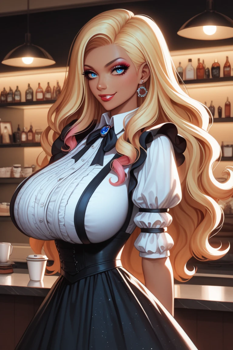 score_9, score_8_up, score_7_up, score_6_up, score_5_up, score_4_up, medieval fantasy barmaid standing at bar in tavern looking at viewer, huge breasts, corset, bursting breasts, blonde hair ,she wears cyan spandex mini top and neon pink leggings, red platform high heels ,