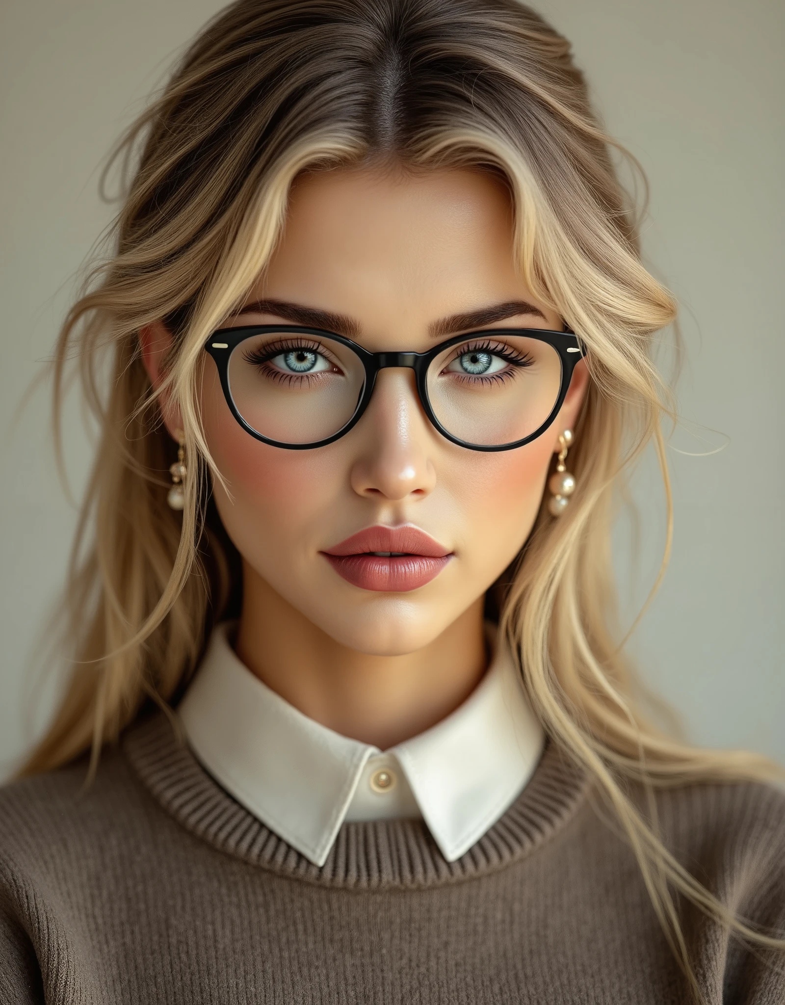 blonde, arafed woman wearing a collared satin blouse under a crewneck sweater, warm smile, gorgeous eyes, glasses
