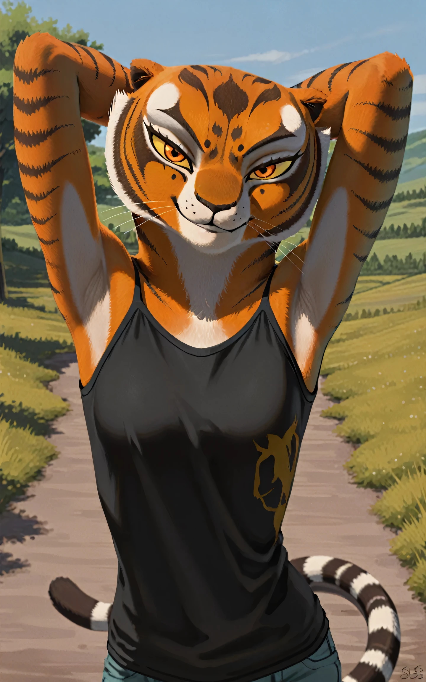 anime coloring, masterpiece, best quality, amazing quality, 1girl, solo, yellow sclera, orange eyes, m4stertigr3ss, tail, black tank top, spaghetti straps, arms behind head, armpits, armpits focus, head towards viewer, looking at viewer, direct eye contact, smile, closed mouth, outdoors, day