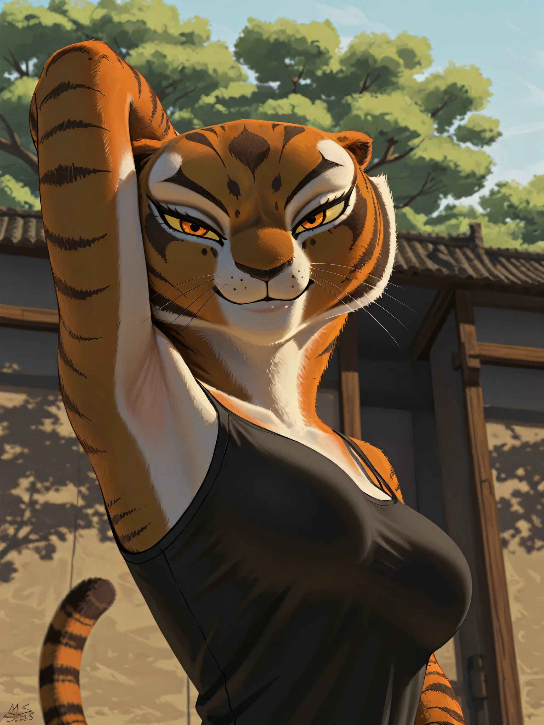 anime coloring, masterpiece, best quality, amazing quality, 1girl, solo, yellow sclera, orange eyes, m4stertigr3ss, tail, black tank top, spaghetti straps, arm behind head, armpit, armpit focus, head towards viewer, looking at viewer, direct eye contact, smile, closed mouth, outdoors, day, from side, from below