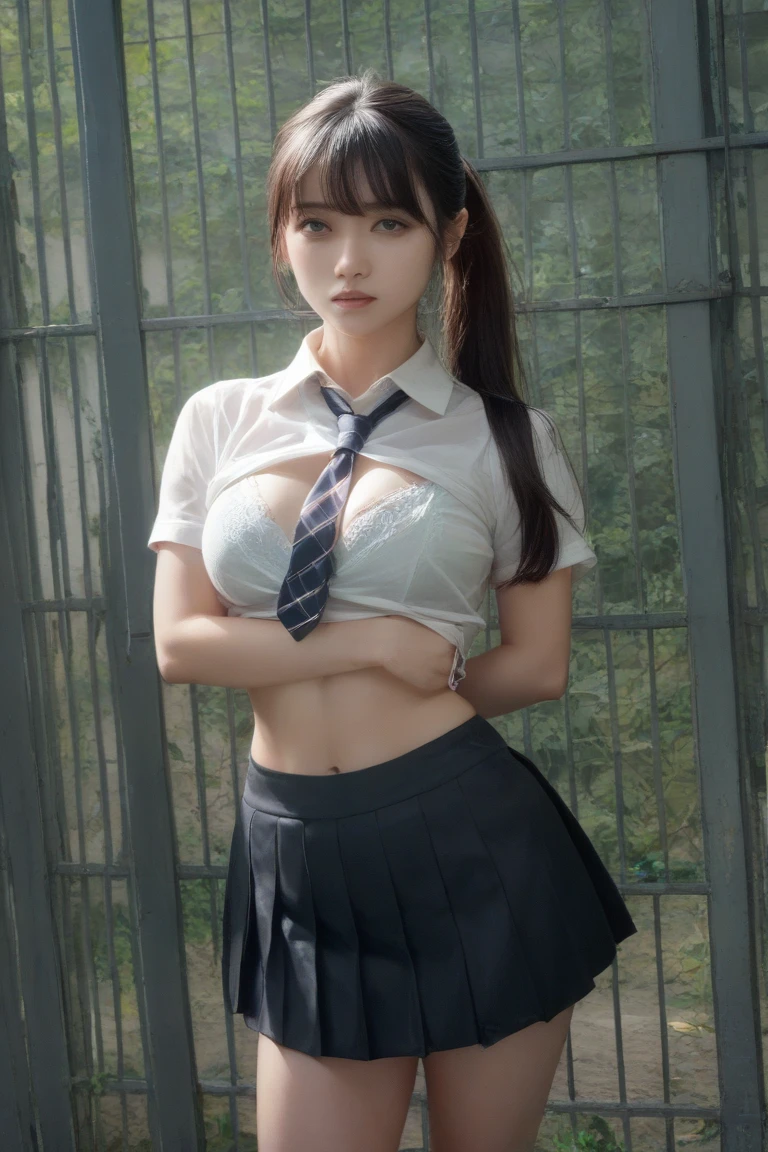 (masutepiece:1.2, 8K, top-quality), (Realistic, Photorealistic:1.4), ultra-detailliert,
Looking at Viewer, Looking away, Full body,
1 girl, Japanese, High School Girl, light brown hair, (Long hair:1.4), (Side Ponytail:1.7), skinny, Middle chest,
Beautiful face, Beautiful detailed eyes, Beautiful ears, Beautiful body, Beautiful chest, beautiful thigh, Beautiful legs,
(Kawaii School Uniforms(Kawaii School Uniforms:1.5), (The navel is slightly visible:1.1), White skin), high-heels, animal collar,
Park, Sitting Park Bench, Parklight,
(Ahegao, Ashamed, Scared, Crying, full of sweat, Drooling, Tremble, Open your mouth wide, Make a loud voice),
(((Hentai Rope Bondage, (brown Rope), Shibari:1.6, Rope Mark, ((arms behind back:1.4), Breast Bondage:1.5, Arm shackles:1.5, crotch rope), Wet crotch:1.5, Gets wet underfoot))),
(Beautiful scenery), (((mid night), Rain:1.8, rainy, Wet body)),