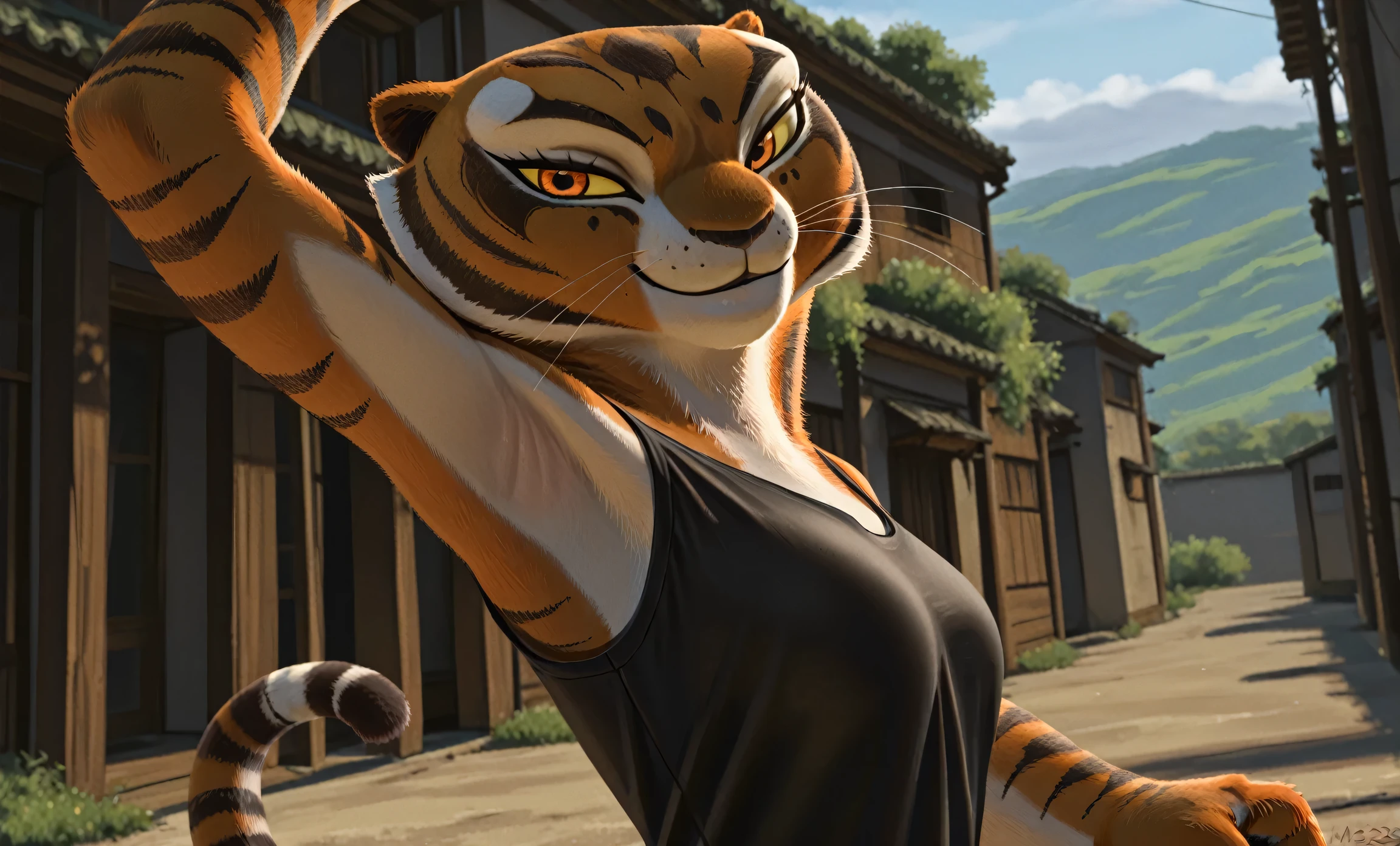 anime coloring, masterpiece, best quality, amazing quality, 1girl, solo, yellow sclera, orange eyes, m4stertigr3ss, tail, black tank top, spaghetti straps, arm up, raised arm, armpit, armpit focus, head towards viewer, looking at viewer, direct eye contact, smile, closed mouth, outdoors, day, from side, from below,