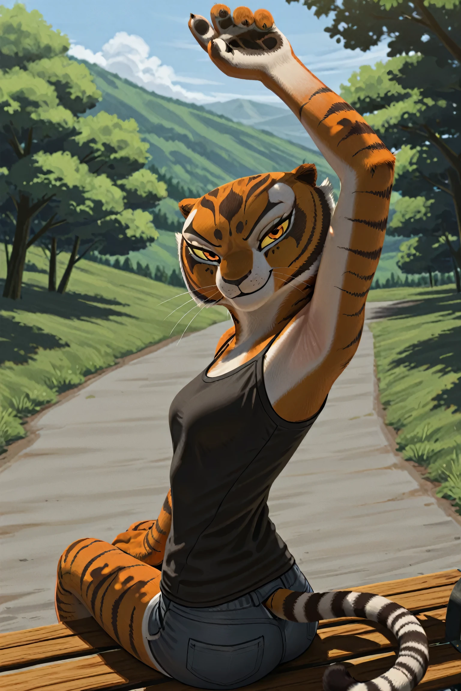 anime coloring, masterpiece, best quality, amazing quality, 1girl, solo, yellow sclera, orange eyes, m4stertigr3ss, tail, black tank top, spaghetti straps, arm up, raised arm, armpit, armpit focus, head towards viewer, looking at viewer, direct eye contact, smile, closed mouth, outdoors, day, from side, from behind, sitting on a bench, short shorts 
