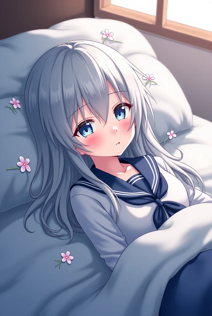 (Highest quality、Masterpiece、Very detailed、4K)、One Woman、17 years old、Silver Hair、short hair、(((beta)))、chest、arm、Beautiful face、Thighs、smile、((Sleeping in bed))