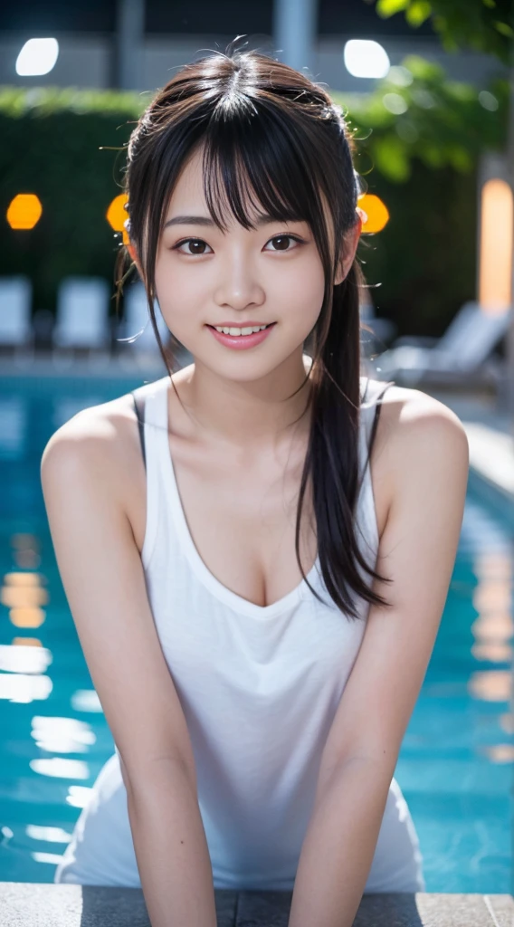 Best image quality、超A high resolution、Tabletop、Photo quality(Realistic:1.8)、pores、Accuracy、Japanese women、15-year-old girl、Black-haired、Cute dimples、Young Face、cute、Short Bob、Slender girl、Small breasts、 Flat breast、My whole body is wet with sweat、Shiny skin、Glowing Skin、Apply oil to the skin、To the camera、Turn your body forward、Pull up your hair、Gravure Beautiful Girl、stand、School、Swimming lessons、blue sky、white雲、Light of the sun、Reflective plate、Navy Blue、competitive swimsuit、white、Bold Swimsuit、High leg cut、 Protruding、Laughing with your mouth open、Ecstatic expression、white歯、Happily、Look straight ahead、