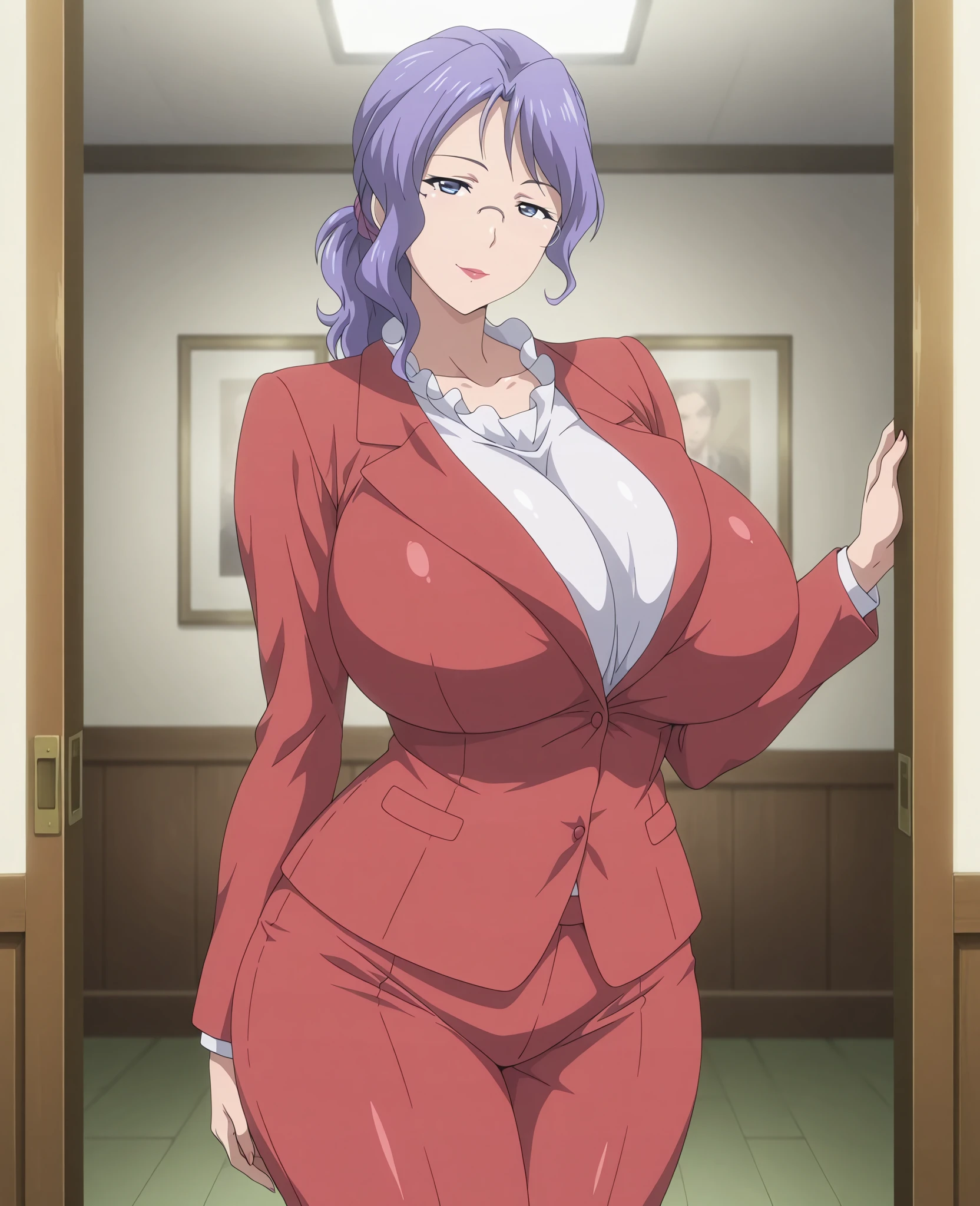 masterpiece, 1 girl, alone, Shortcuts, , Niijima Sae (Person 5)、Big Breasts, Mature Woman, Glare,Sharp Eyes, Silver Hair、Lilac eyes, Empty Eyes LoRA / Utsurome / Hypnotic Suggestion,White office suit,White blouse,Pink tight skirt, Pose standing thigh sex,Thick thighs, Hypnosis Pendulum,Hypnotic state, Hypnosis Pendulum / Coin on String / Saimin,Drooling,Drooling from the mouth,Hypnotic stateの目,Cross-eyed,Sticking out tongue,Sweaty,Stuffy stuffiness,全身Sweaty