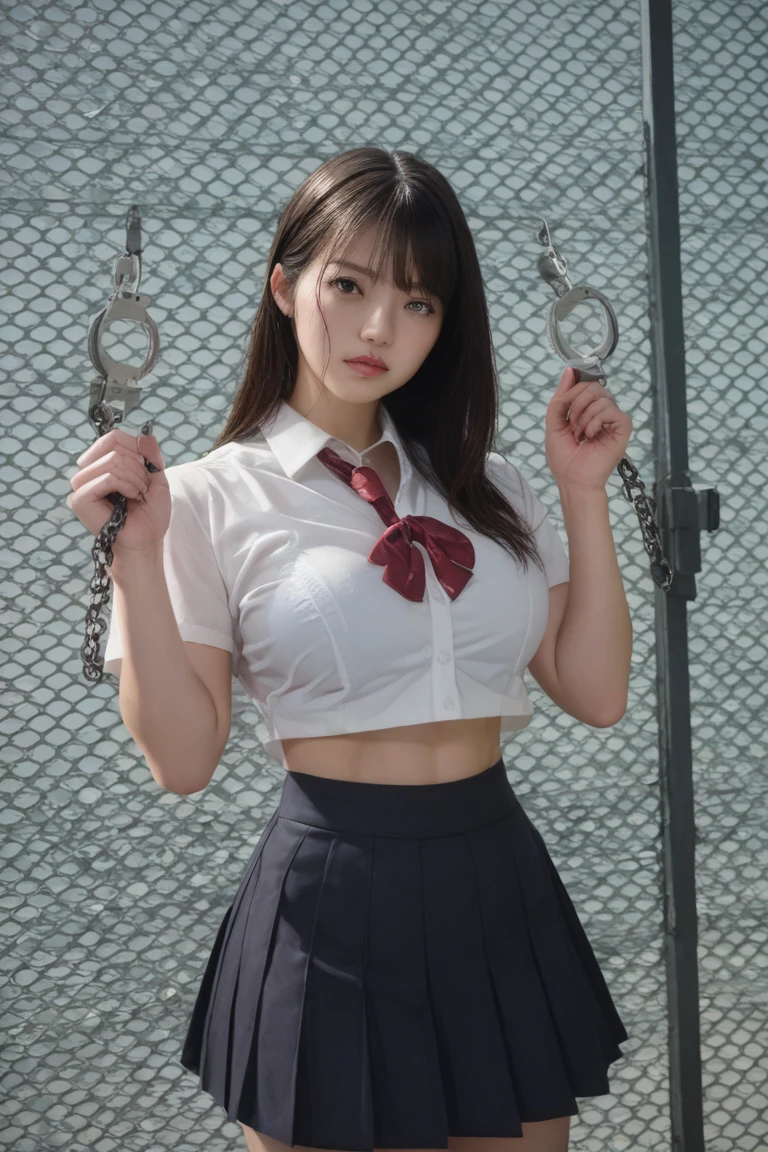 A cute female bank clerk with her hands tied with rope、