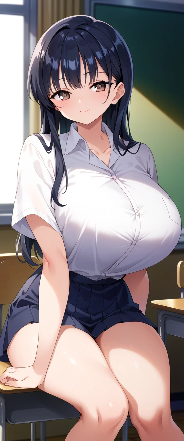 Italian girl, 25 years old, very long black hair, super gigantic breasts, thin, wearing a white shirt and a pleated black miniskirt, in a school classroom