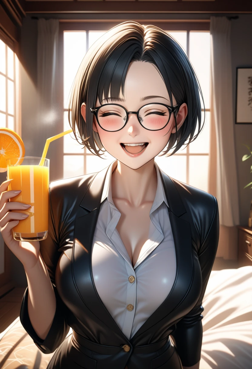 (masterpiece, best quality:1.4), 1girl, orange elegant office suit, orange long hair, orange big sunglasses, ((simple orange background)), dynamic pose, flirting with camera, (laughing:1.3), (perfect denture, perfect teeth),<lora:add_detail:0.5>,