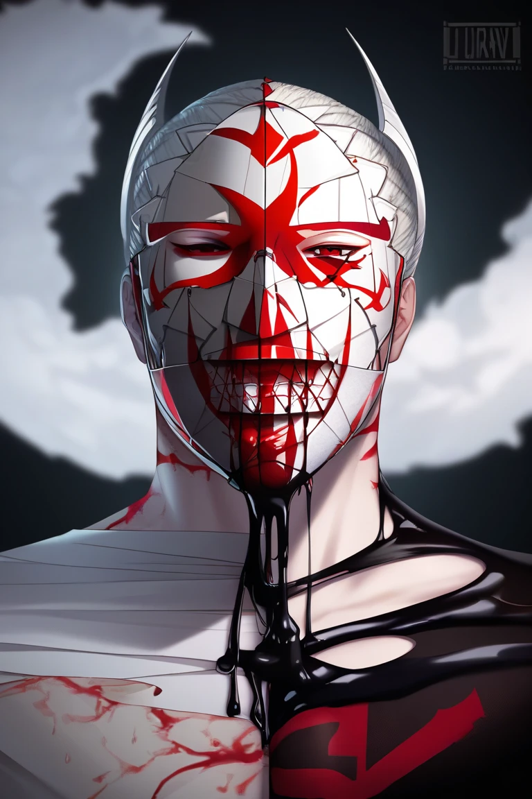 A dark, eerie scene featuring a character with white hair and red glowing eyes. The character is wearing a black outfit with a high collar, and a black mask covering the lower half of their face. The background is dimly lit, adding to the mysterious and ominous atmosphere. The character's red eyes stand out prominently against the darkness. The image is vertically oriented.
