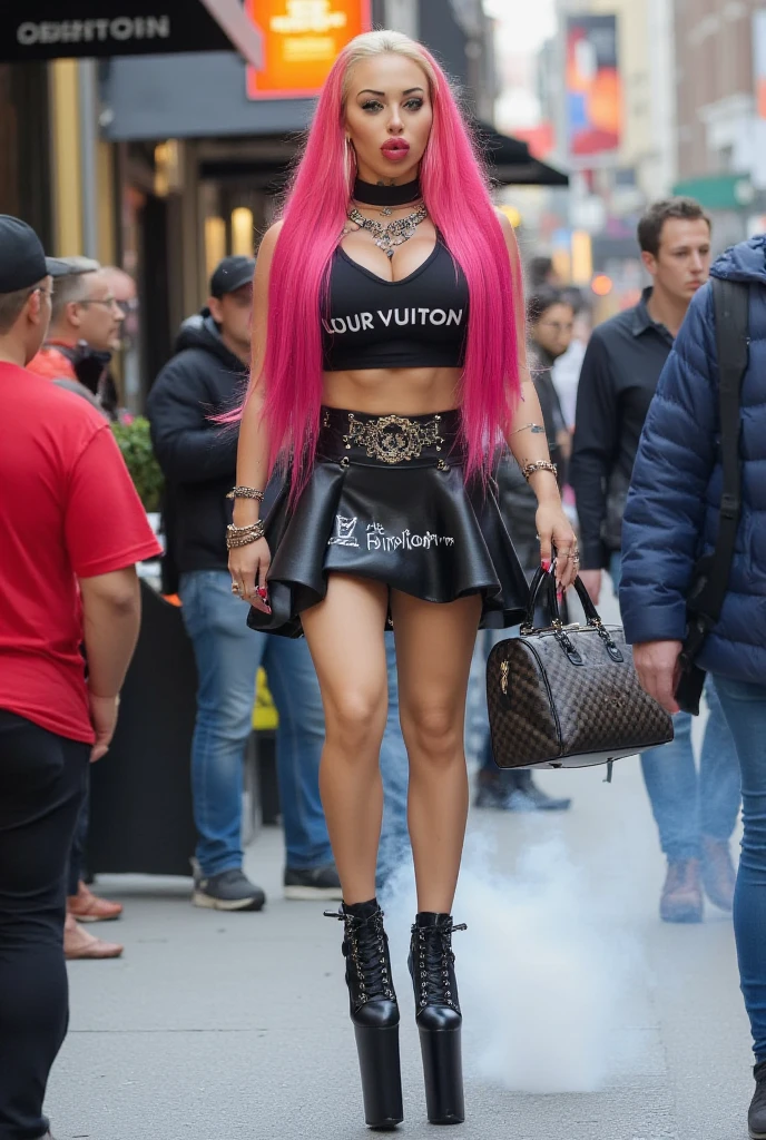 Cool women、sexy、Center of chest、Rize from Chainsaw Man、beauty、Yandere、、顔のクローズup、Chest tattoo、suit、necklace、(look up)、(Pink Hair)、).((Save face image))、((city)).(Shopping mall)、(sunglasses)、(up)、