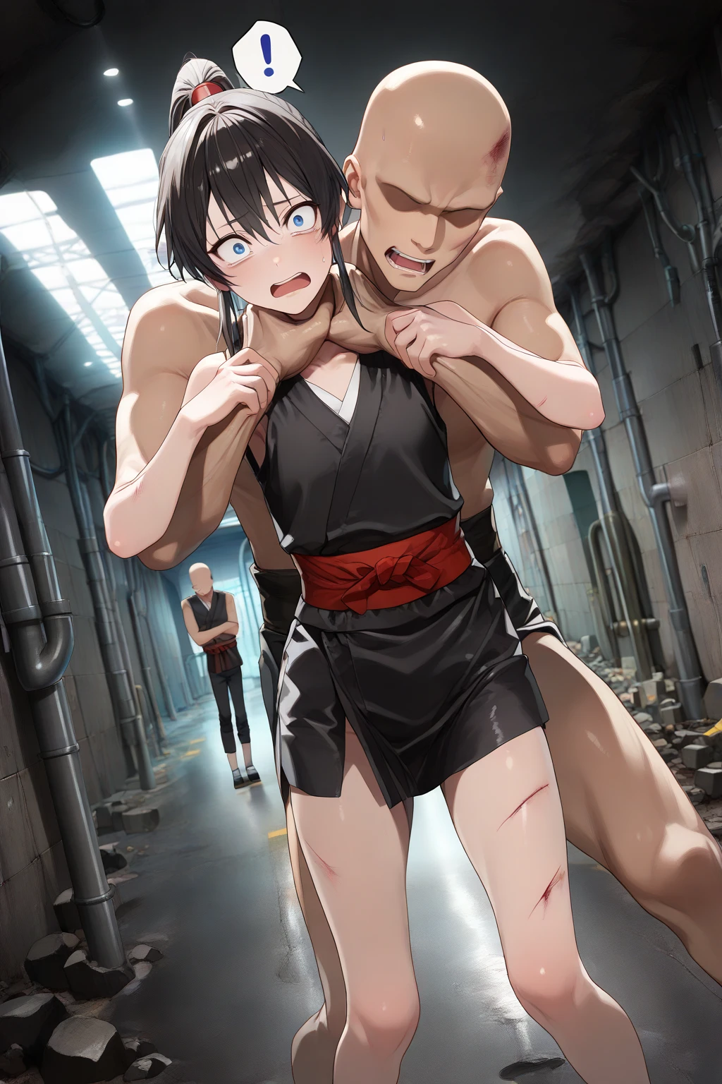 A young, cute, bloody, bruised, sweaty Japanese female street fighter and a male fighter in a back alley fighting each other. She is cornered against the wall. Henis punching her belley so hard, black hair short cut. She is crying. Both eyes closed. Short of breath. Drooling from the mouth. Naked. Denim shorts. Open finger gloves. Erect nipples.