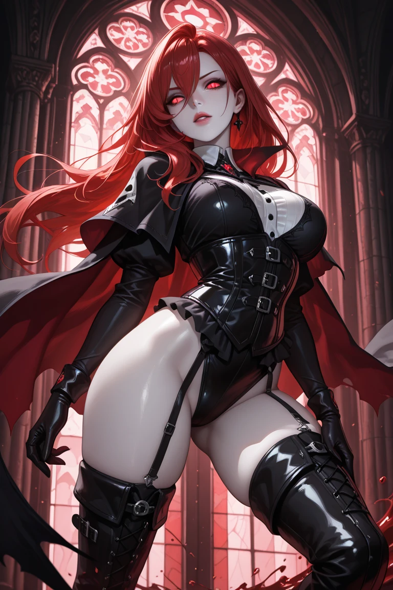 A woman wearing heavy black armor with ruby detailing, black metal bracelet, black metal boots, wearing a horned helm, large breasts, long black fur cape, red auburn hair, ruby red eyes, holding a sword red with ruby, standing upright, red aura, red lightning, on a concrete platform, Gothic style castle behind, castle with black material, red sky.,(woman alone),UHD , prime work , accurate , anatomically correct , textured skin , super details , high quality , best quality, 8k, high resolution, bokeh effect,