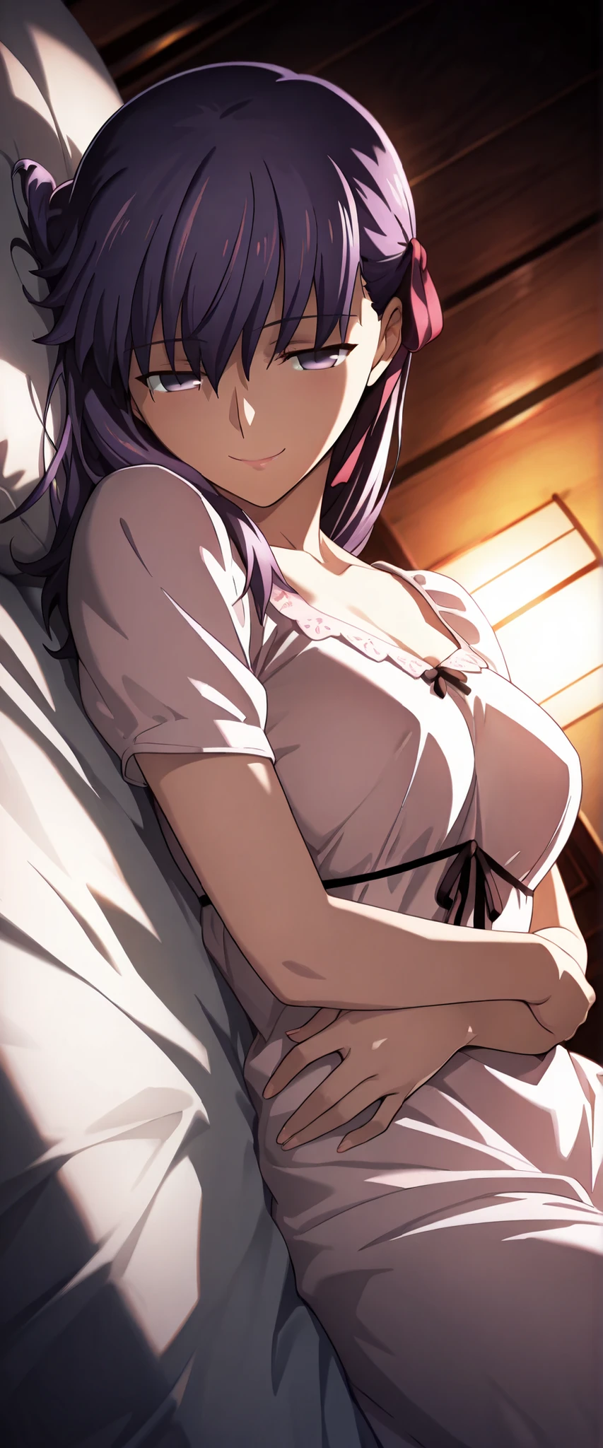 1 woman, matou sakura, dutch angle, purple hair, purple eyes, nightgown, lying on her back, lying on her bed, indoors, seductive smile, seductive pose, chiaroscuro, masterpiece, high quality, highly detailed