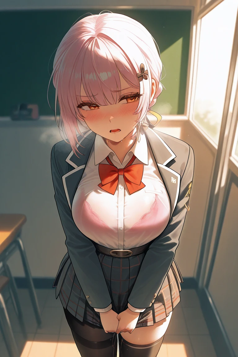Yuigahama Yui, short hair, brown eyes, Pink hair,  single bun hair, 
1girl,  shirt, ribbon, Jacket, white shirt, black Jacket, blazer, sobu high school uniform, 

looking at viewer, 
(masterpiece:1.2), highest quality, High resolution, unity 8k wallpaper,  (beautiful and fine eyes), highly detailed face, perfect lighting, Very detailed CG, (perfect hands, perfect anatomy),

(blush, embarrassed:1.2), open mouth, 
huge breasts, 
classroom, 
(open shirt), 
(bottomless), cowboy shot, 
from below, 