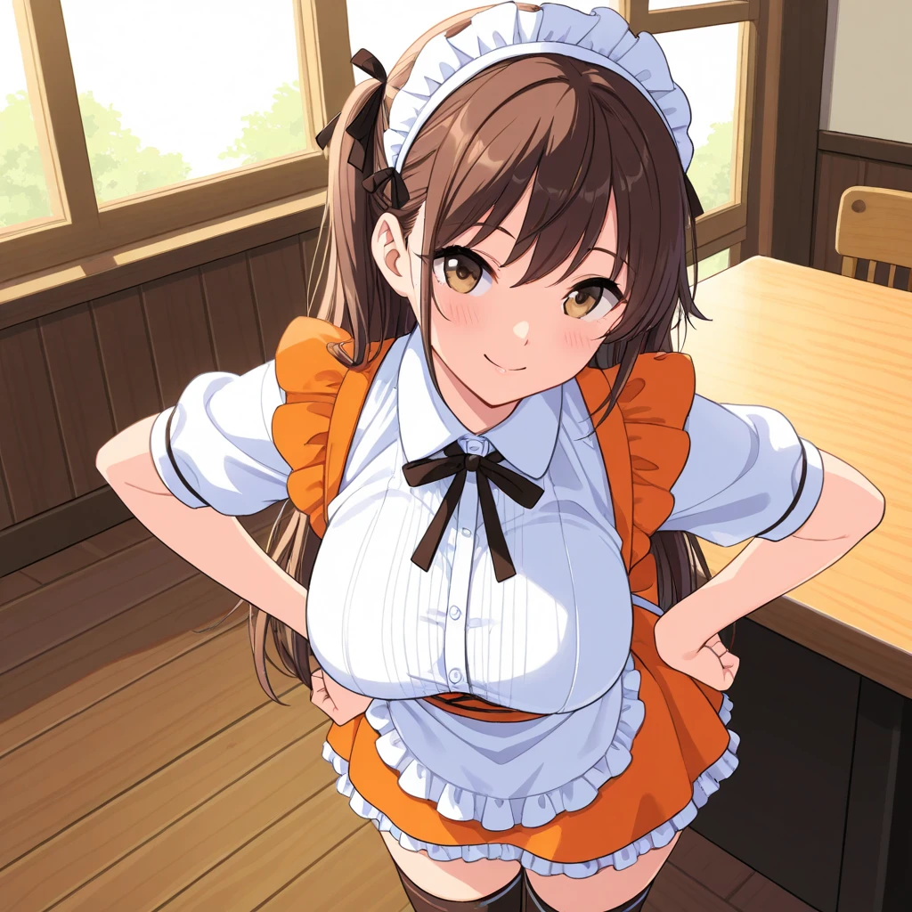 Mommy Masterpiece, erotic, ero, 18+, nsfw,maid costume, long light brown hair , brown detailed sparkling eyes , embarrassed , blushing (Best quality:1.3),big breasts, naked, apron, cleavage, (pov, close shot), standing, kitchen background, blushing:1.2.