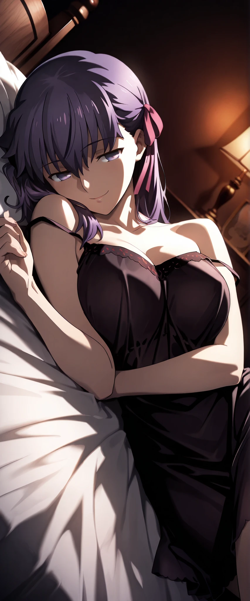 ;D, ((arms hair up)), (big dog ear), dog tail, purple hair, big tits, lewd smile, (((half-open eyes))), ((glamour body)), ((frill black bikini swimwear)), (((gravure pose))), ((lotion play)), bedroom, on the bed, (darkened room), (swet), (wet skin), ((erotic)), ((sensual)), (Wall in background), (simple background), ((Close-up of a girls)), warm color scheme, Extremely exquisite body, beautiful detailed glow, cinematic lighting, 4K illustration, masterpiece, best quality, by top artist, by famous artist, by plo artist