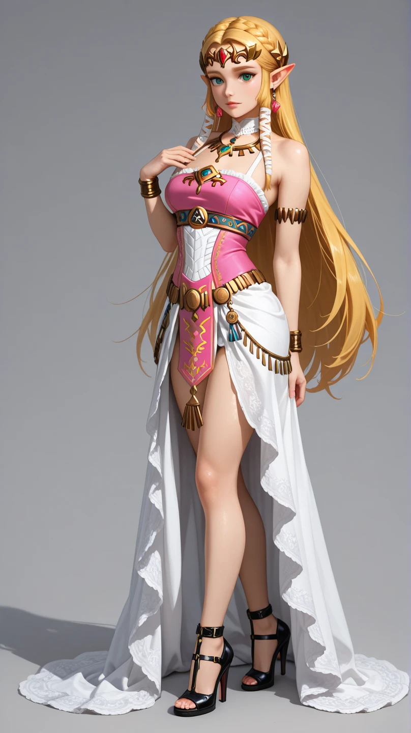 (masterpiece:1.2), (best quality:1.2), 2solo focus, a blonde princess with braided hair disguises herself as a slave girl for a thrill, posing, kneeling with hands behind head, perfect face, lipstick, mascara, blush, harem costume, slave collar, full body shot, nervous, secretly excited, elegant, middle eastern palace, medieval, dutch angle