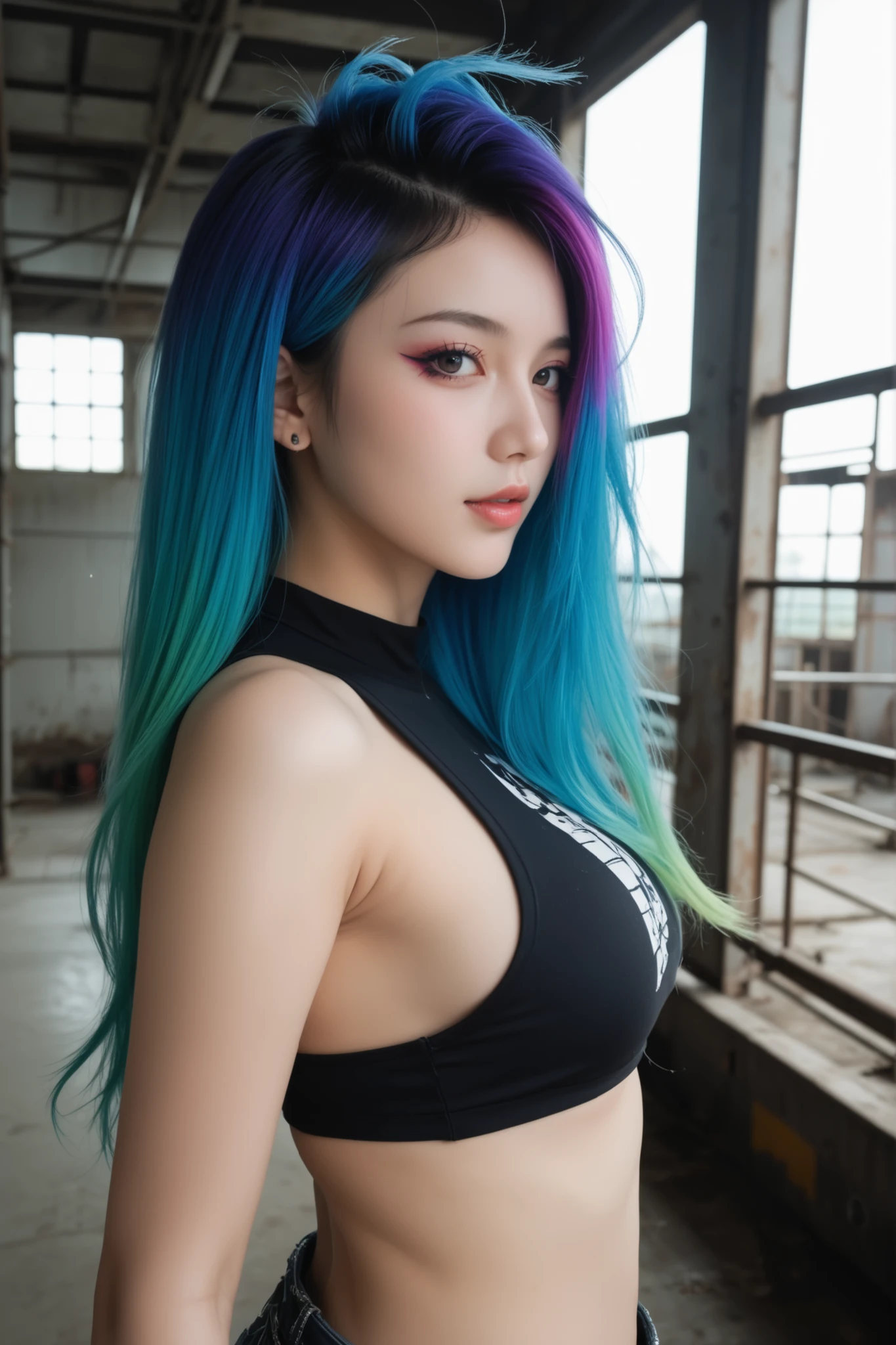 photorealistic, high resolution, soft lights, 1women, 25 years old, solo, hips up, blue eyes, vlack hair, long hair, jewelry, tattoo, street wear