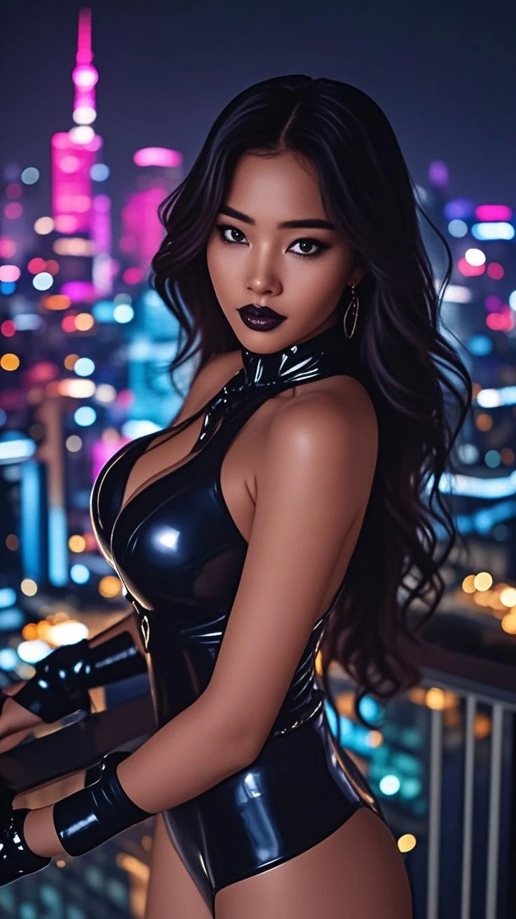 catwoman in a skimpy black latex suit, skin tight, sexy, naughty, cleavage, large boobs, show stomach, show a lot of skin, small suit, rooftop in Gotham city, moon in background, 32k, best quality, masterpiece:1.2), 1 girl, 3d, perfect breasts, lips, realistic, shirt, solo, stomach, beautiful delicate face, beautiful delicate eyes ,(realistic, photo realistic:1) HDR, 32k, UHD, best quality, , green eyes