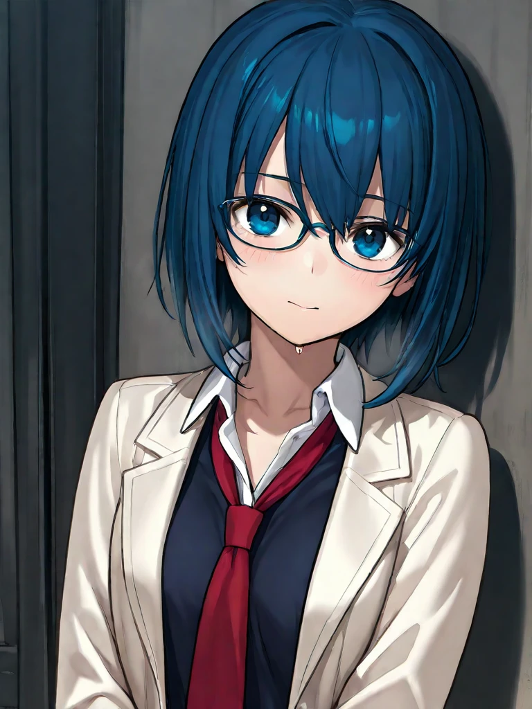 reiayanami, rei ayanami, (ayanami rei:1.2), blue hair, short hair, (red eyes:1.2), Medium breast,
BREAK (black blazer, black miniskirt, Glasses, School), 
BREAK (masterpiece:1.2), best quality, high resolution, unity 8k wallpaper, (illustration:0.8), (beautiful detailed eyes:1.3), extremely detailed face, perfect lighting, extremely detailed CG, (perfect hands, perfect anatomy), (beautiful face), cowboy Shot, Dynamic Angle,