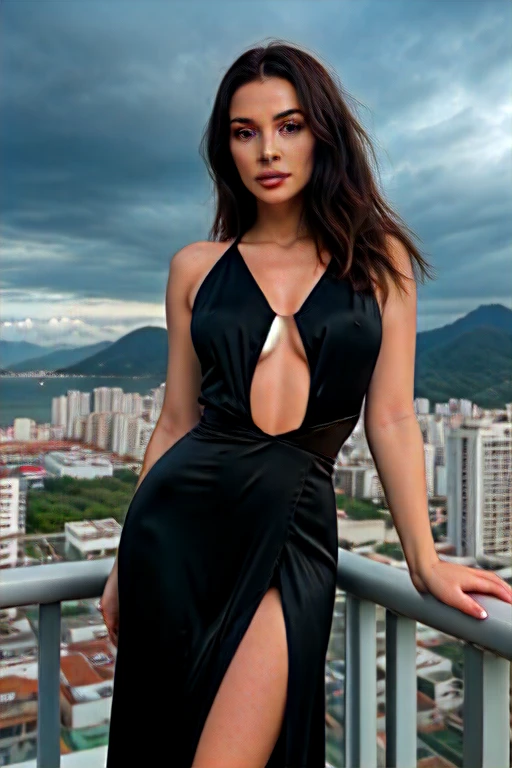 Create a very realistic and beautiful model with the following detailed features: Gender: Female, Age: Young adult (approximately 20-25 years old), Hair: Long, wavy and reddish with a natural shine, gently cascading around the shoulders and back back. . . . . . . . . . . . . , Eyes: Bright green with a captivating, slightly almond-shaped look, detailed with natural highlights, Skin: Fair complexion with a light texture, including natural freckles on the nose and cheeks, giving a youthful and vibrant appearance: Fair complexion with a light texture, including natural freckles on the nose and cheeks, giving a youthful and lively appearance, Face: with a smooth and natural contour, soft, full lips with a slight pinkish tint and a slightly delicate upturned nose, Expression : a gentle face, with a touch of mischief, which conveys warmth and approachability, Clothing: in a black suit and black sunglasses standing in an accentor, wearing a black suit, a black suit, a black outfit, a black suit and glasses, a black restrained suit, a black silky outfit, fashionable black clothes, a Girl in a suit, wears black clothes, Girl in a suit, Smooth black tight-fitting suit, wears an elegant outfit, haute couture chic, All black , Background: the model is in an accesor, start in accensor, accensor, accensor Pose: relaxed and confident posture, start on an open roof, end of sunny day, sea view in the background. aesthetic, Unsplash, Neoclassicism, Complex background, Best quality, hyper detailed, Gratty Sita, 64K, Light design
