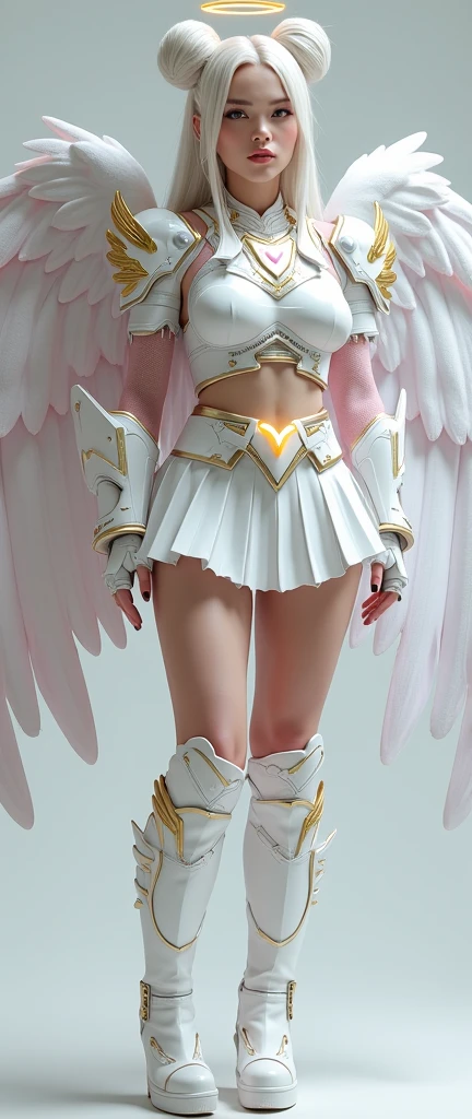Tall cute girl knight、whole body、Good style、、、、、、、、、、Tanned thick legs、、Pink and platinum angel armor suit(Angel Spear)、Neat and clean idol face、Glowing、Paradise