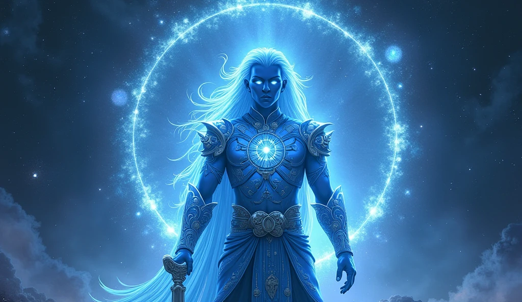 A mystical portrayal of a deity, featuring a figure with long, flowing hair and glowing blue skin. The deity holds a trident in one hand and a radiant orb of light emanates from their chest. They wear intricate jewelry and have distinct markings on their forehead. The background is ethereal with swirling blue and white patterns, enhancing the divine and serene atmosphere.