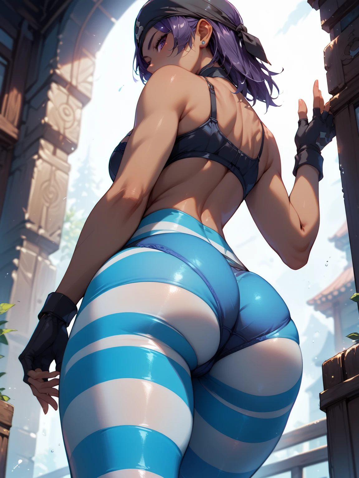 ((((sfw)))), uploaded the e621, beautiful and detailed,woman (((female))) ((anthro)) hyena, Ross Tran, by ruan jia, by zaush, by foxovh, lighting cinematic, seductor, hyena, thighighs, (huge chest), full body view, (anthro, fluffy fur, character focus:1.1), 1girl, anthro dog girl, body fur, solo, medium breasts, (thick thighs:0.3), curvy,in the garden (blue_clothes) focus on ass, watch your back, biki big ass sexy ass sexy butt
